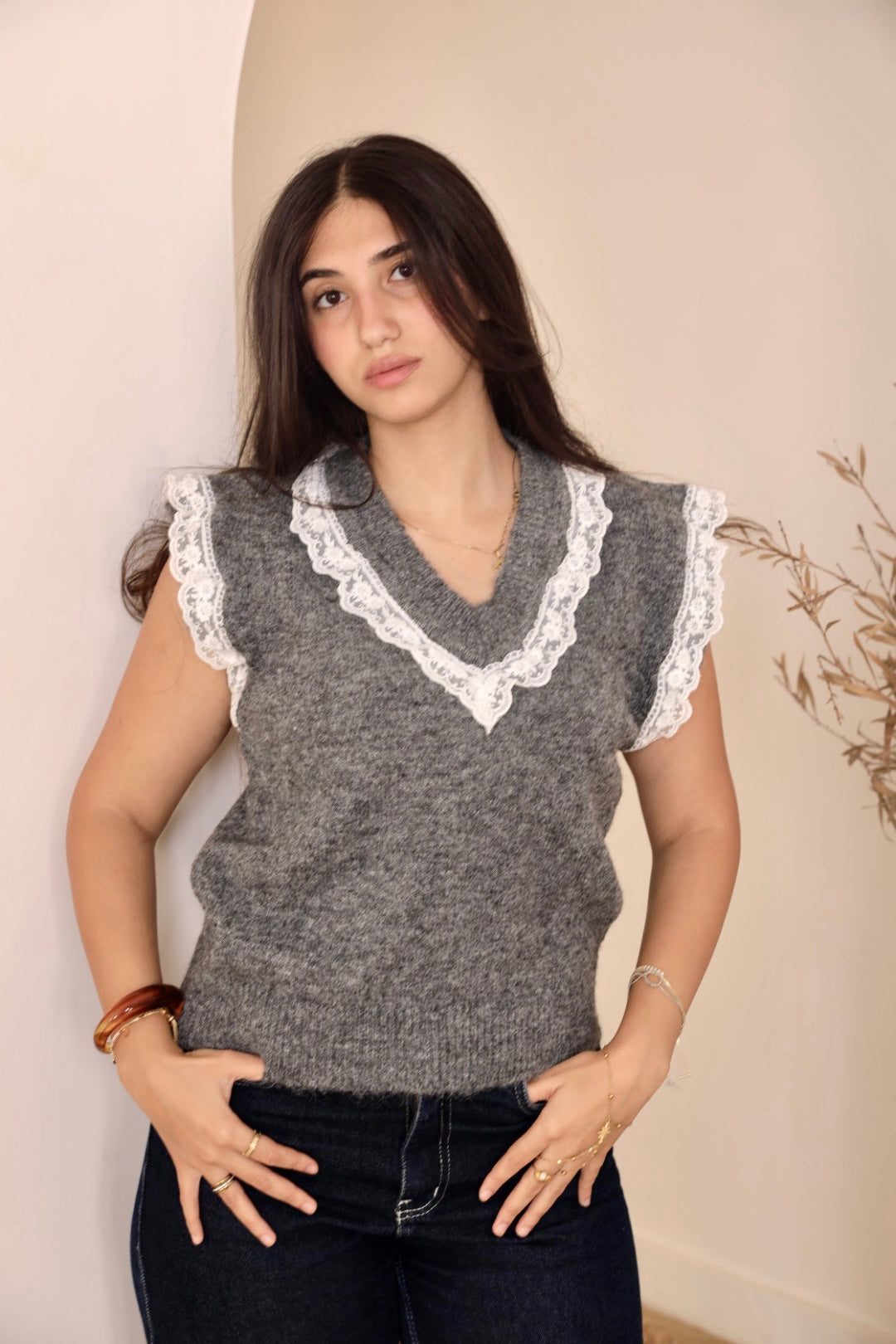 Dark Grey Lace Trim Knit Vest