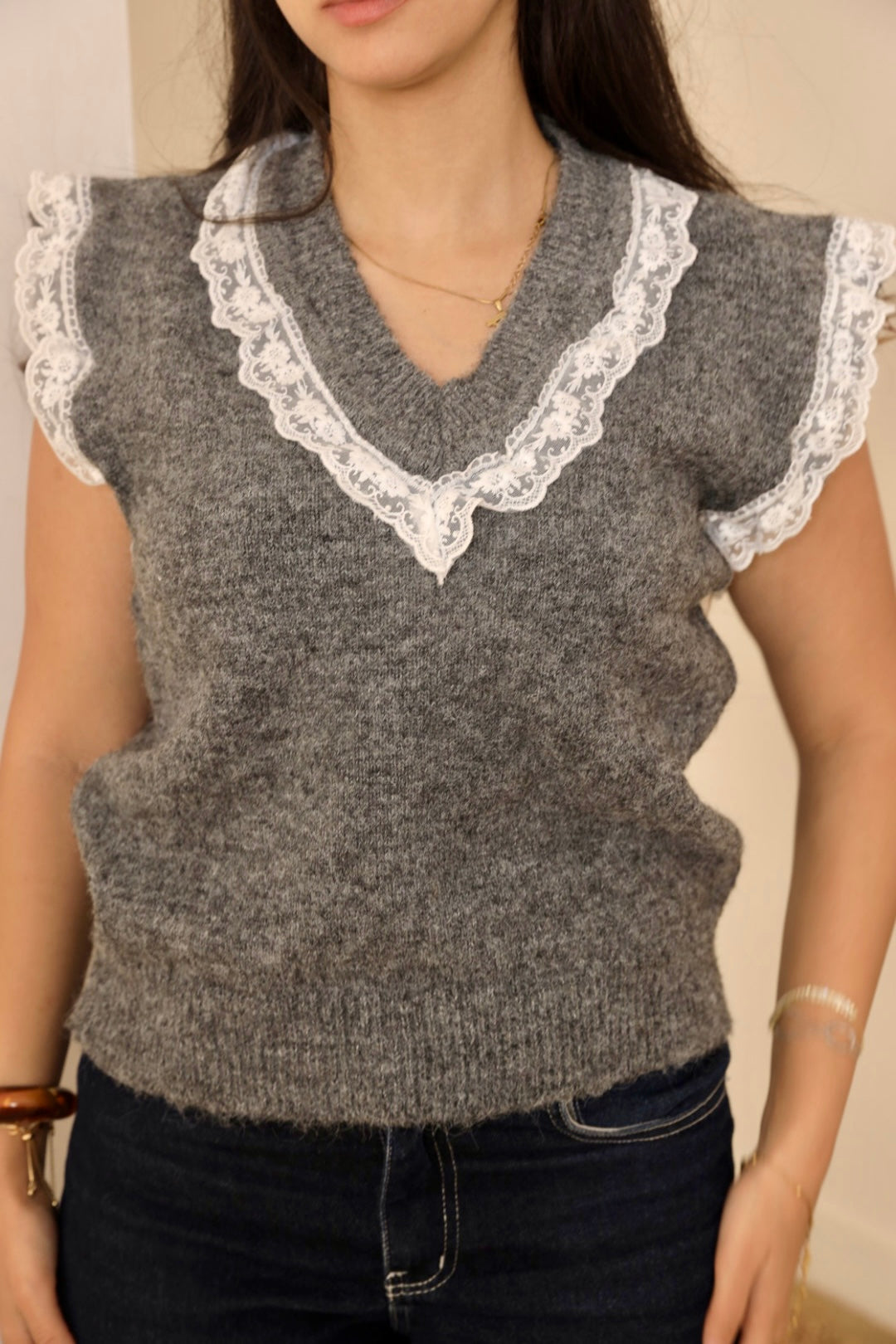 Dark Grey Lace Trim Knit Vest