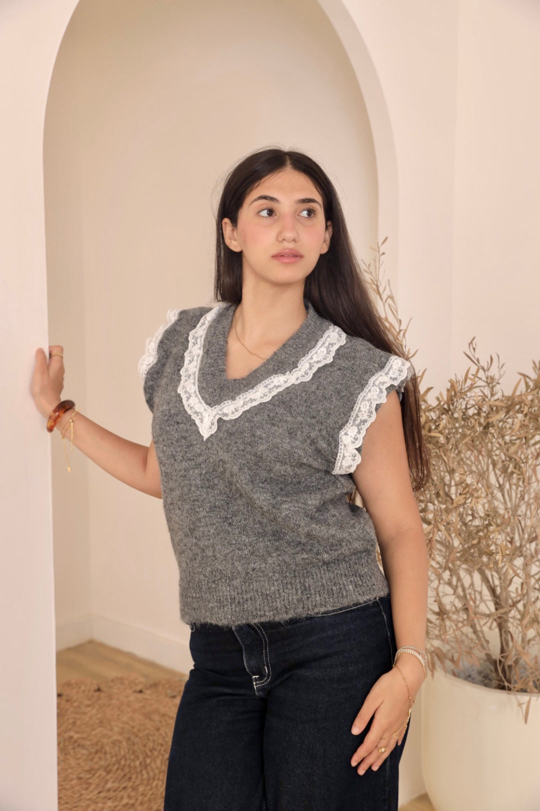 Dark Grey Lace Trim Knit Vest