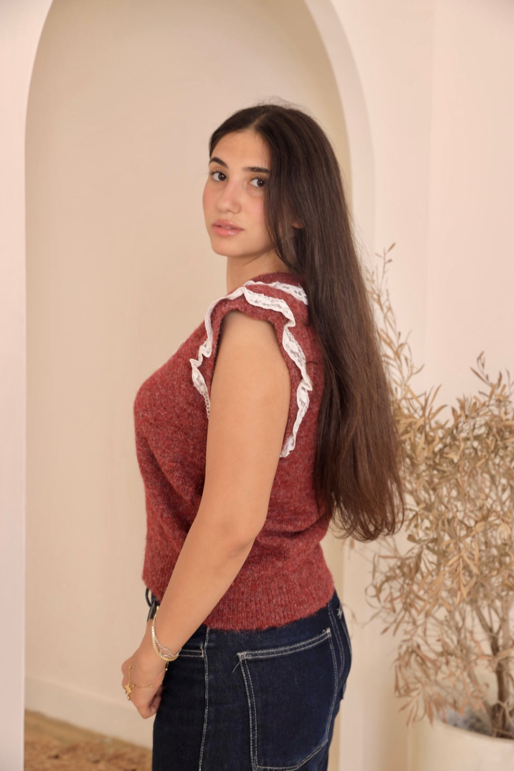 Mint Lace Trim Knit Vest