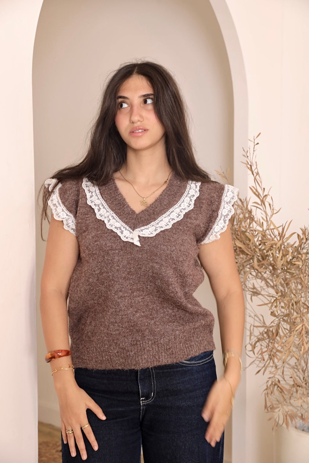 Terracotta Lace Trim Knit Vest