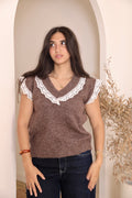 Mocha Brown Lace Trim Knit Vest