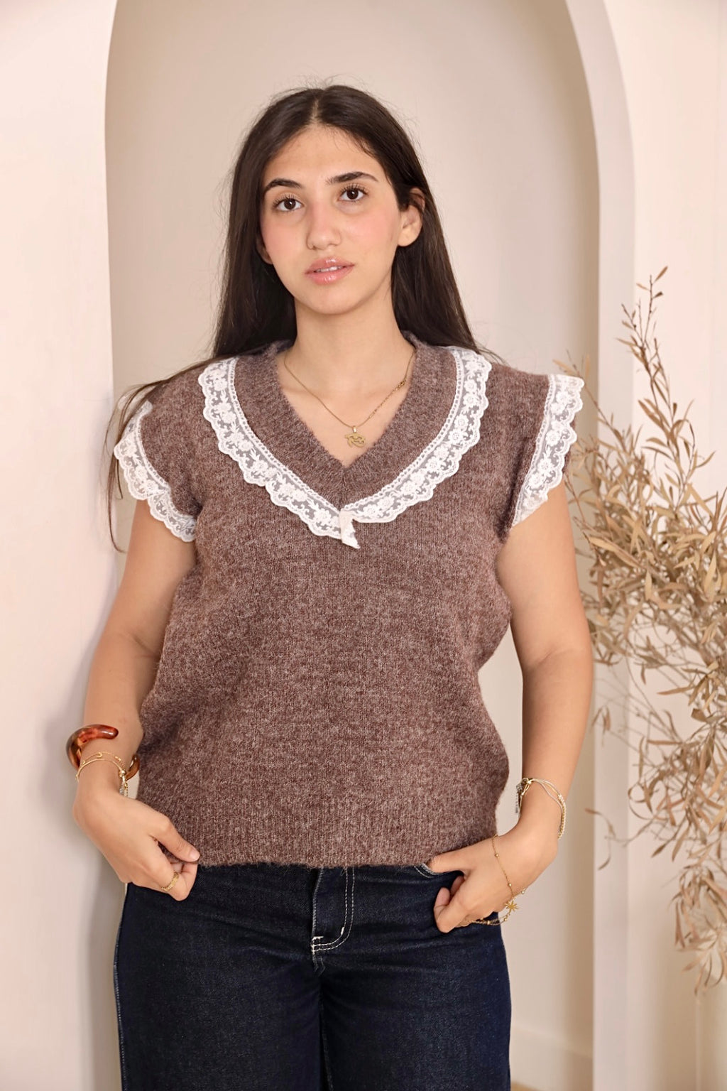 Mocha Brown Lace Trim Knit Vest