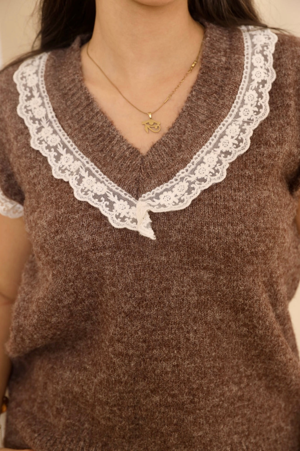 Mocha Brown Lace Trim Knit Vest