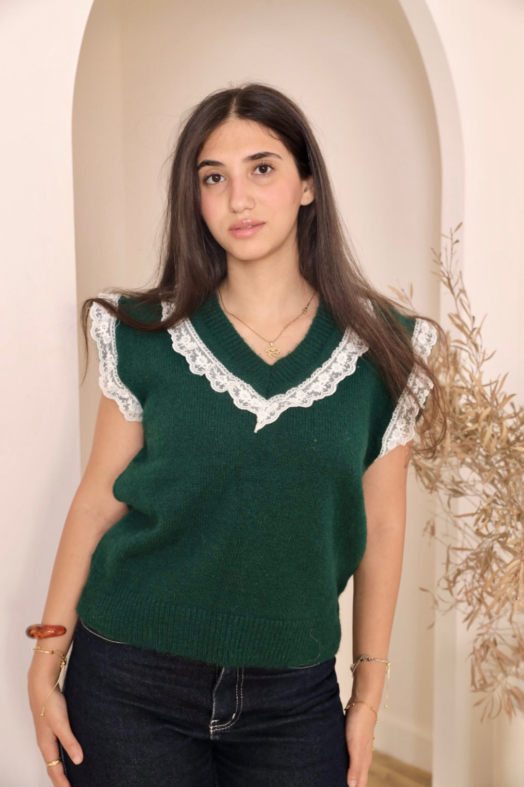 Emerald Green Lace Trim Knit Vest