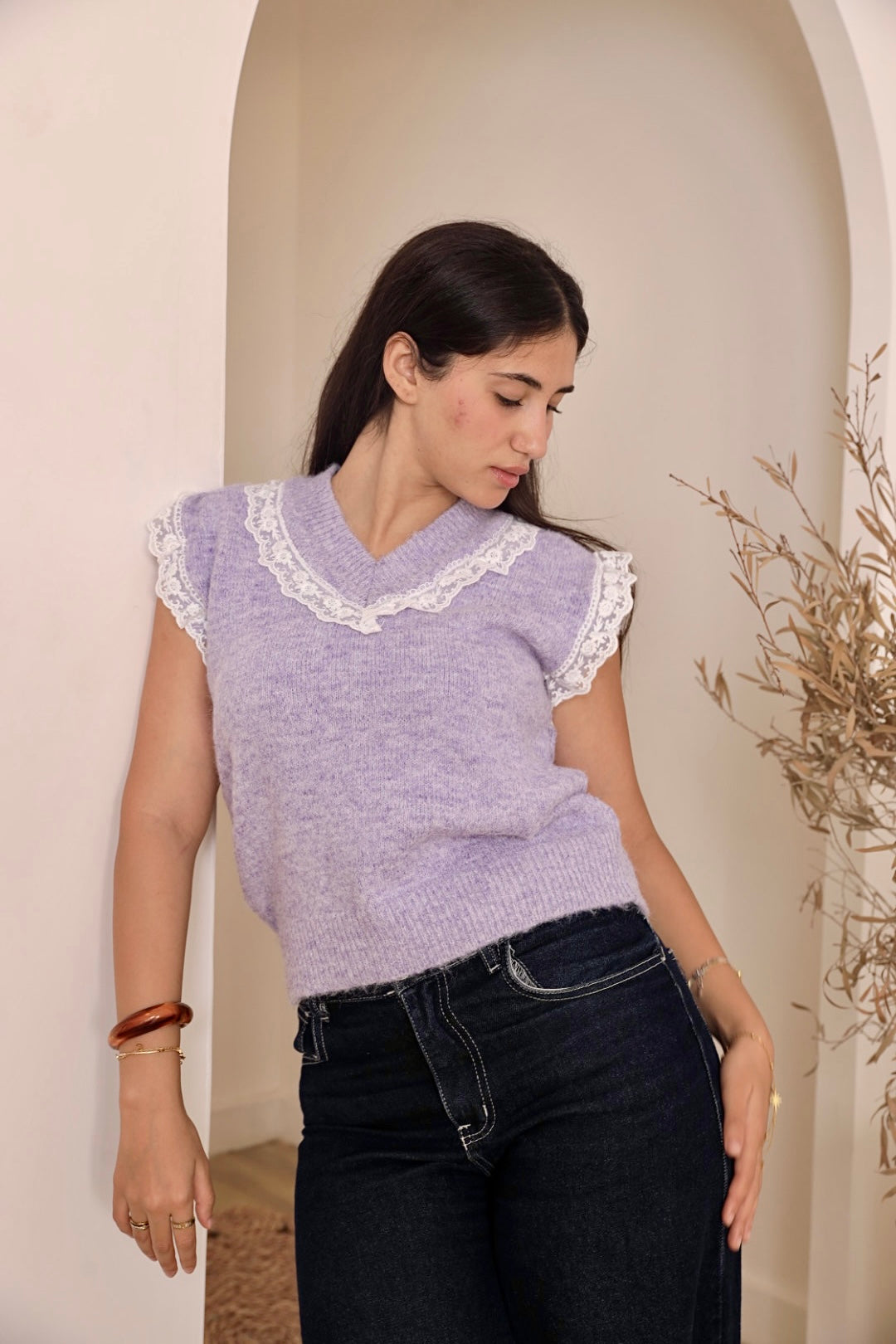 Lavender Lace Trim Knit Vest