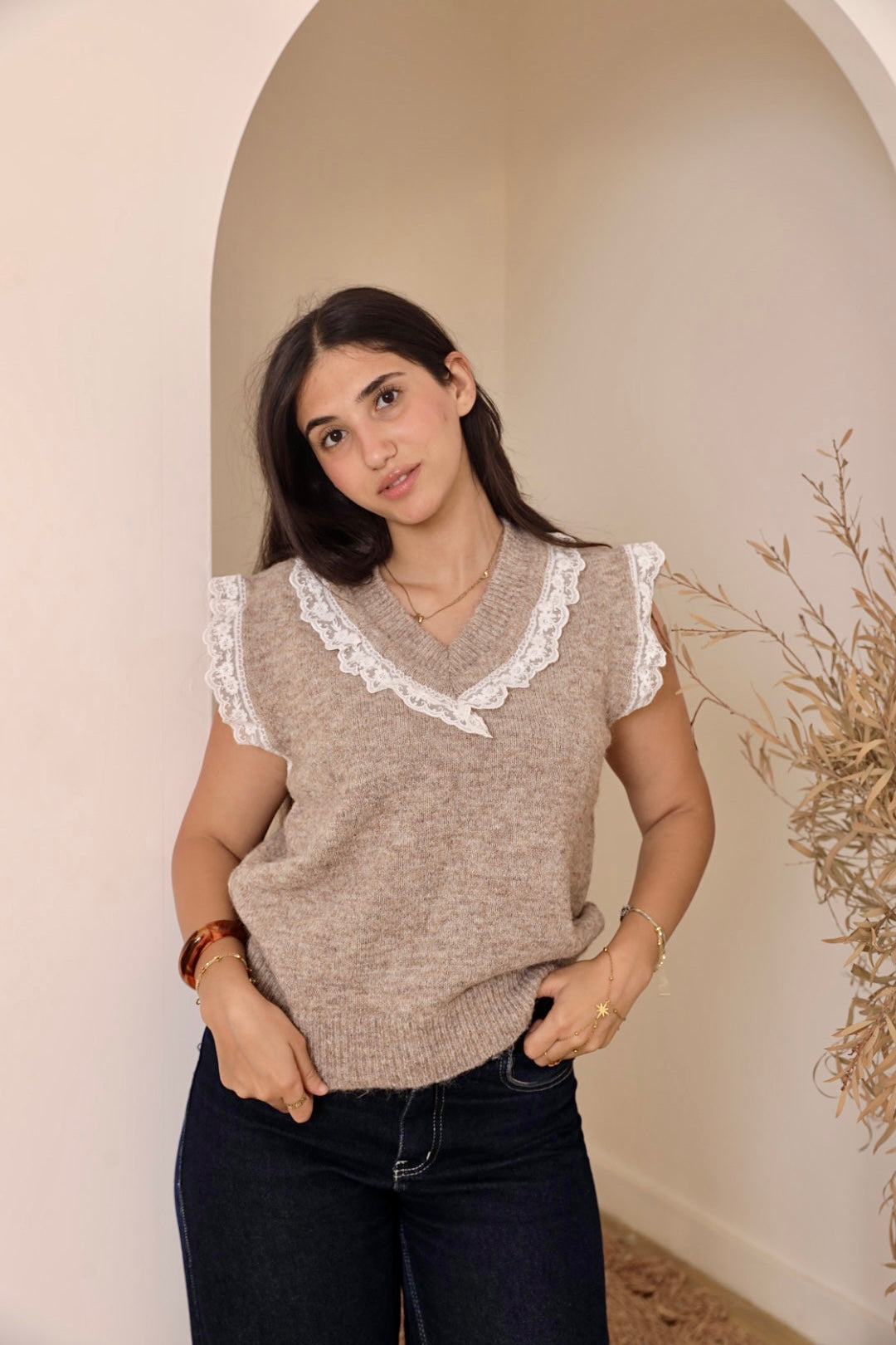 Oatmeal Lace Trim Knit Vest