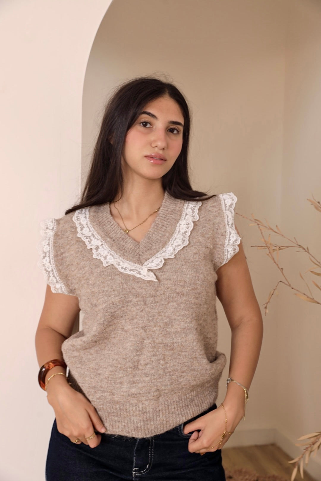 Oatmeal Lace Trim Knit Vest