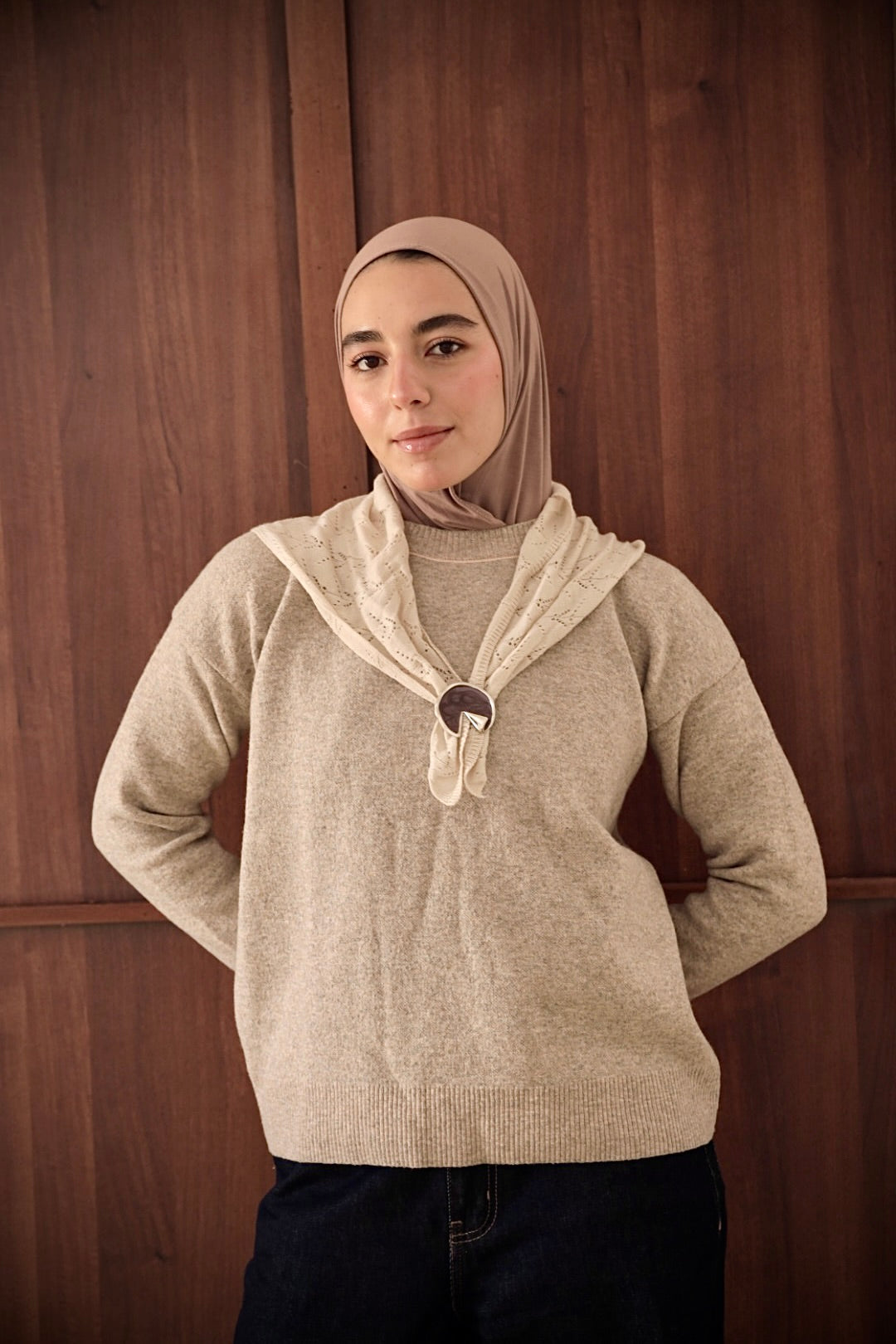Camel Scarf Accent Knit Sweater