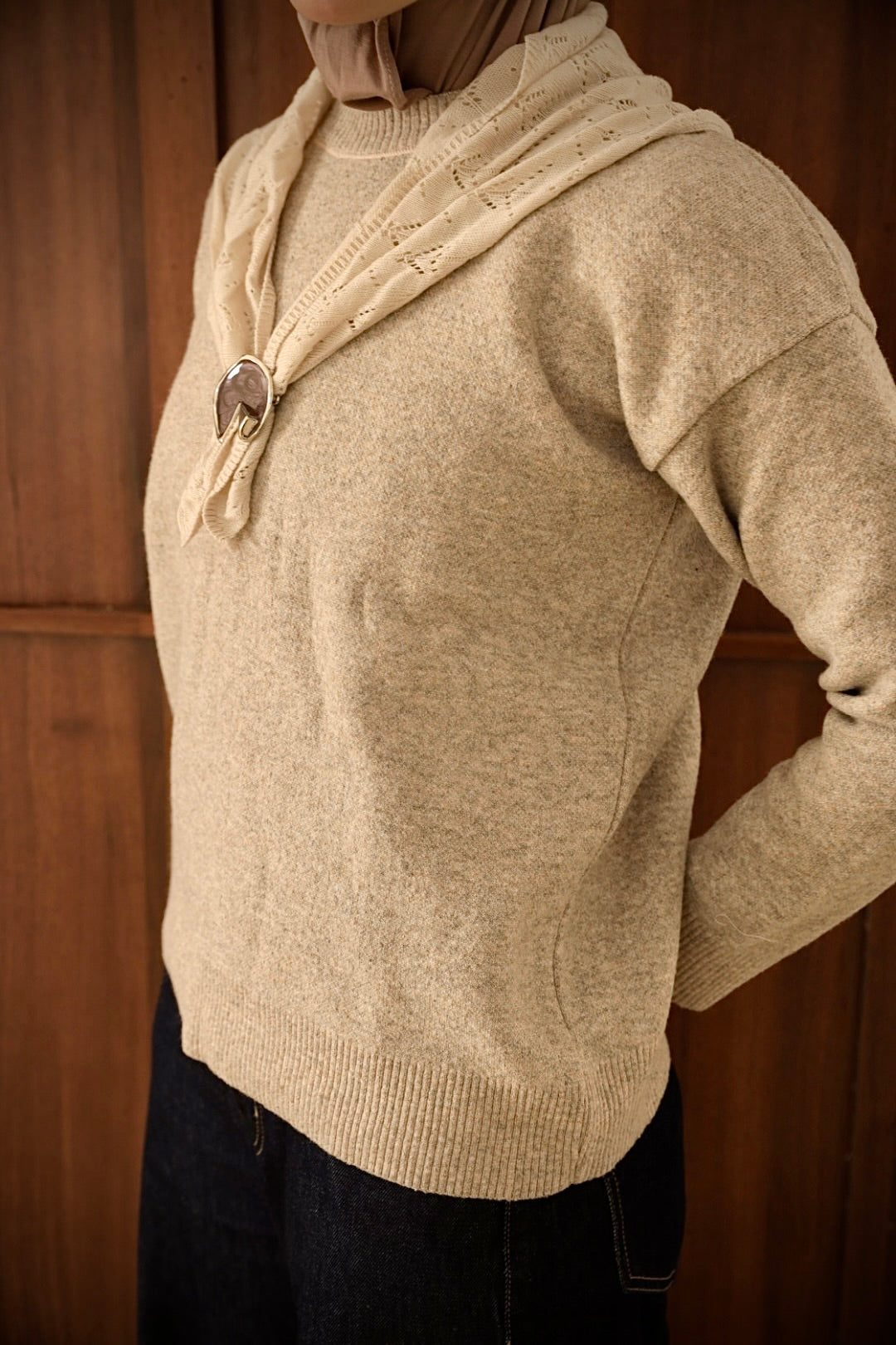 Camel Scarf Accent Knit Sweater