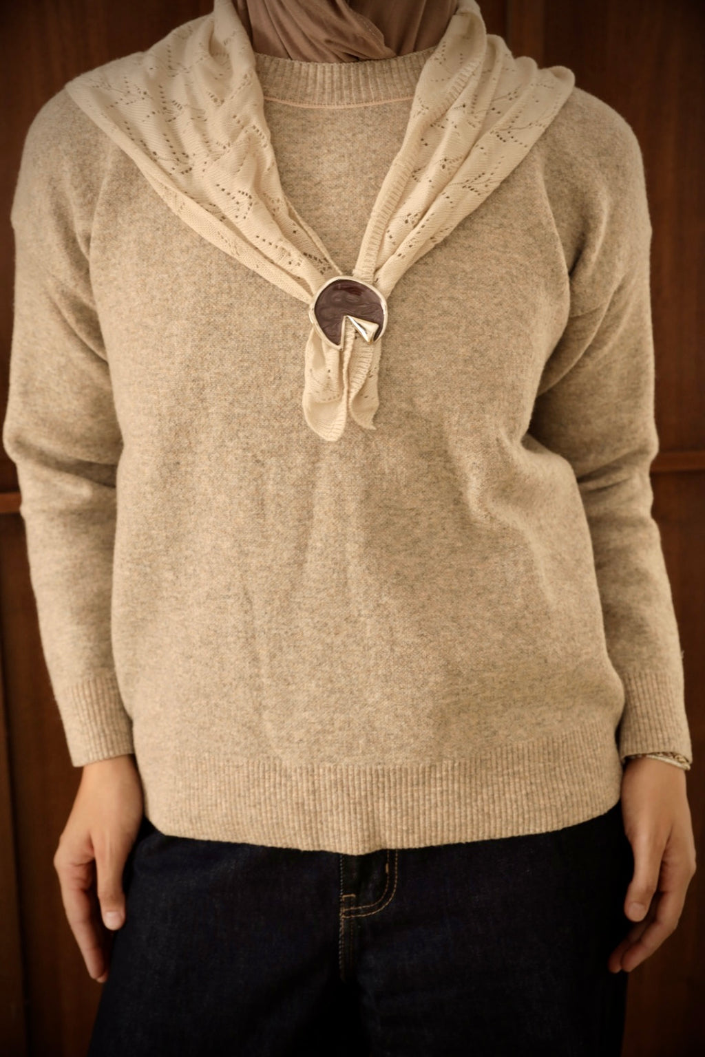 Camel Scarf Accent Knit Sweater