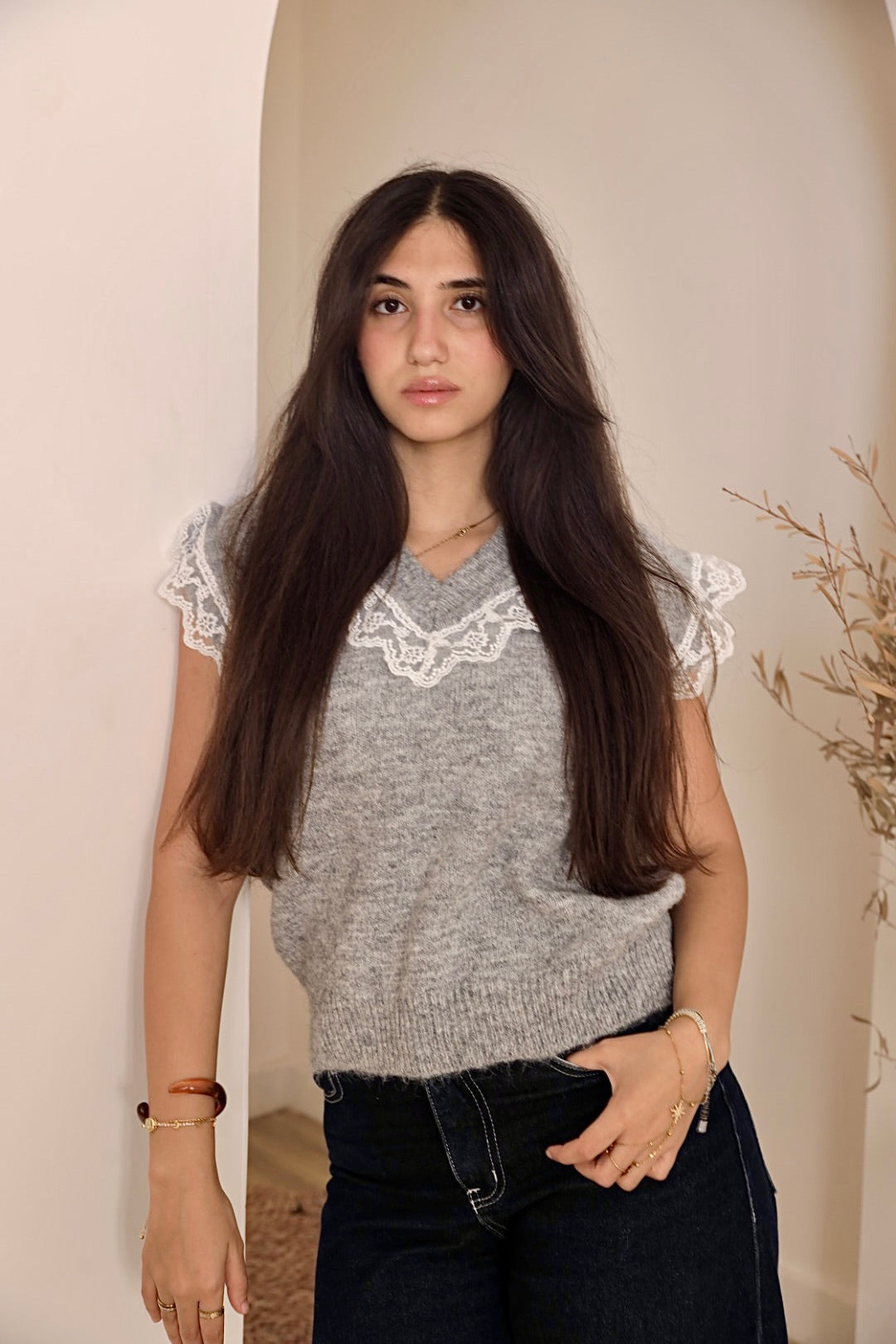 Light Grey Lace Trim Knit Vest