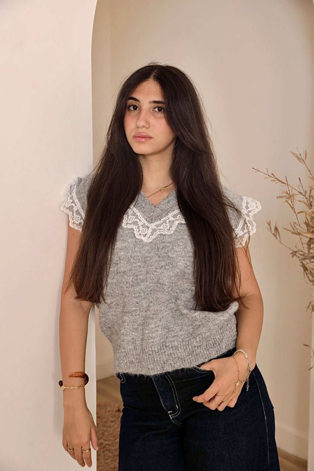 Light Grey Lace Trim Knit Vest