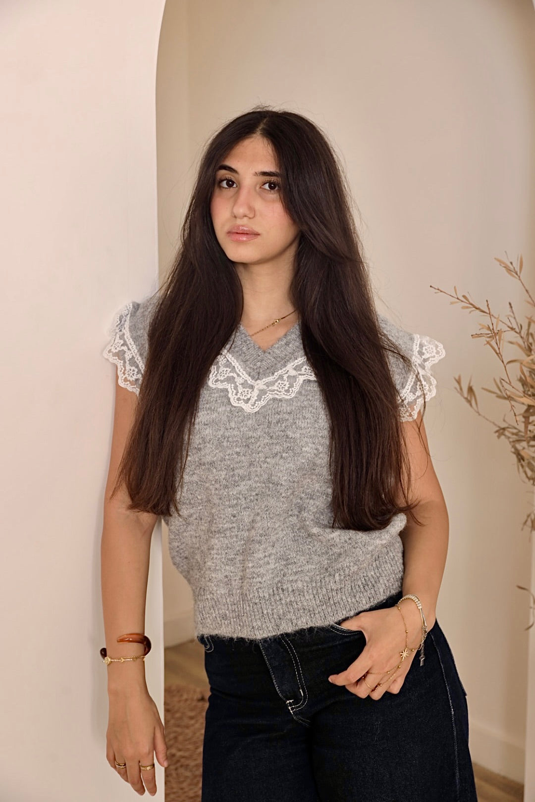 Light Grey Lace Trim Knit Vest