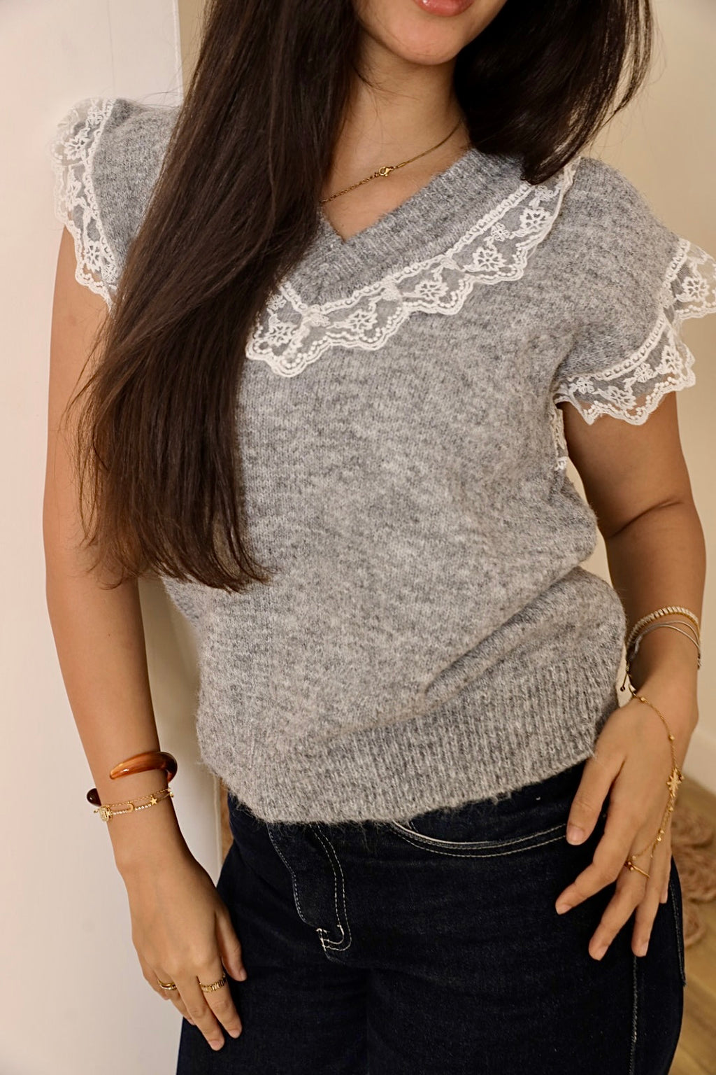 Light Grey Lace Trim Knit Vest