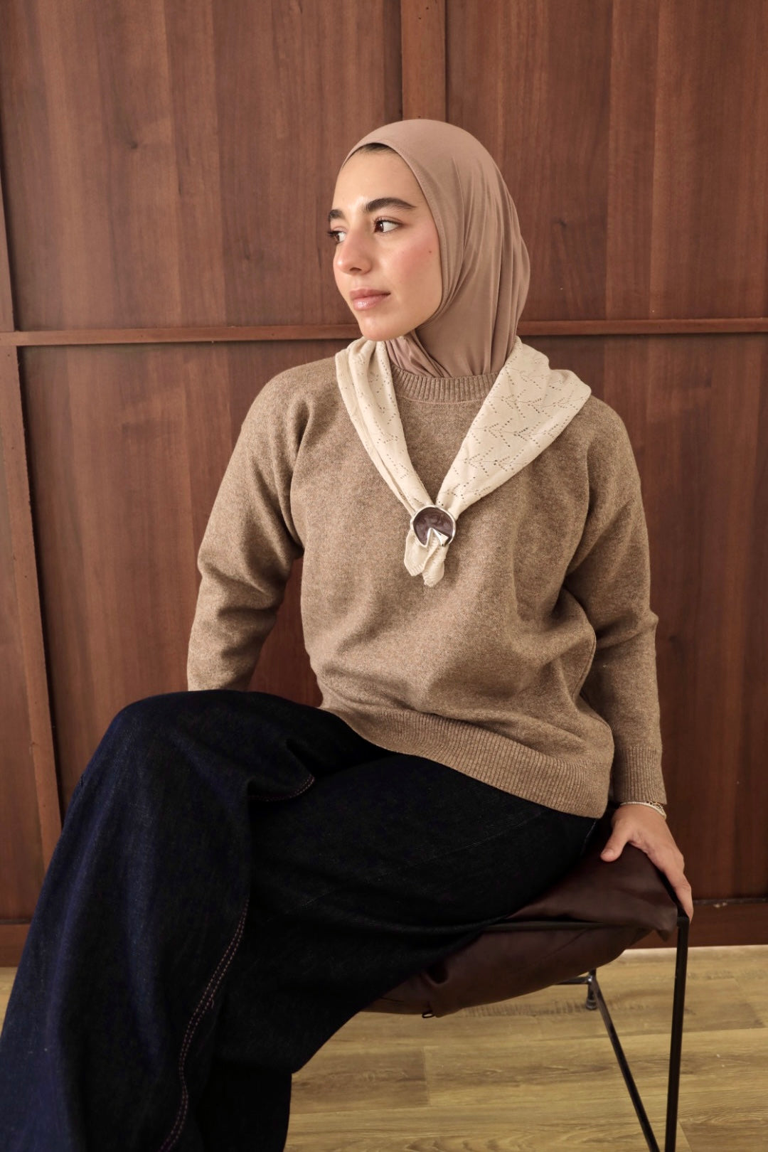 Oatmeal Beige Scarf Accent Knit Sweater