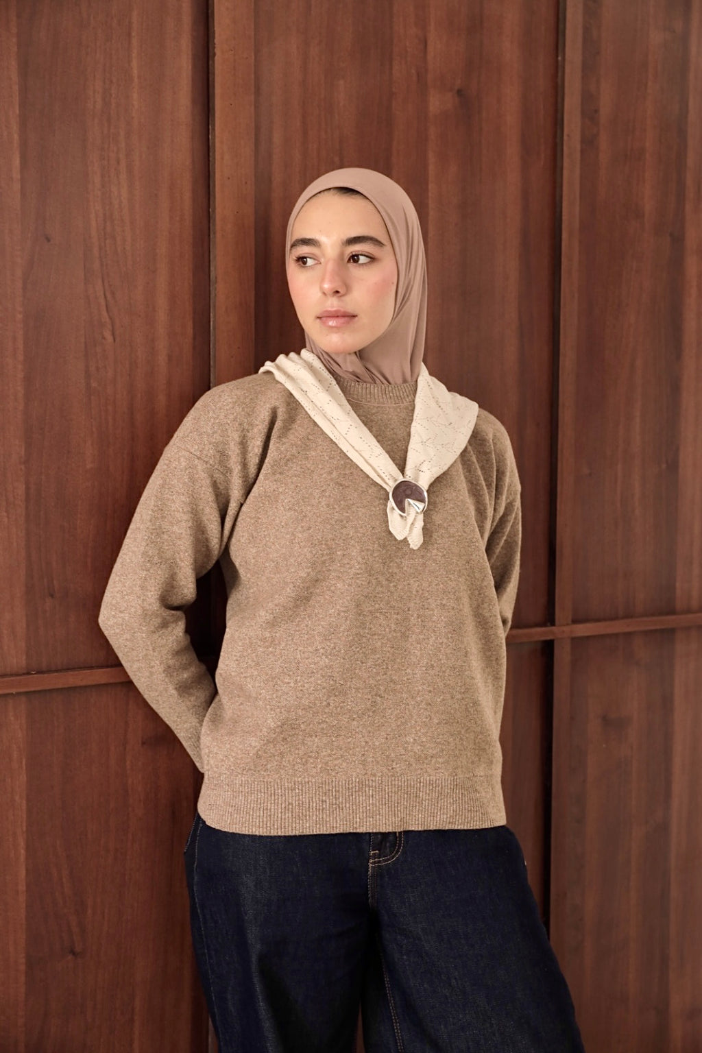 Oatmeal Beige Scarf Accent Knit Sweater