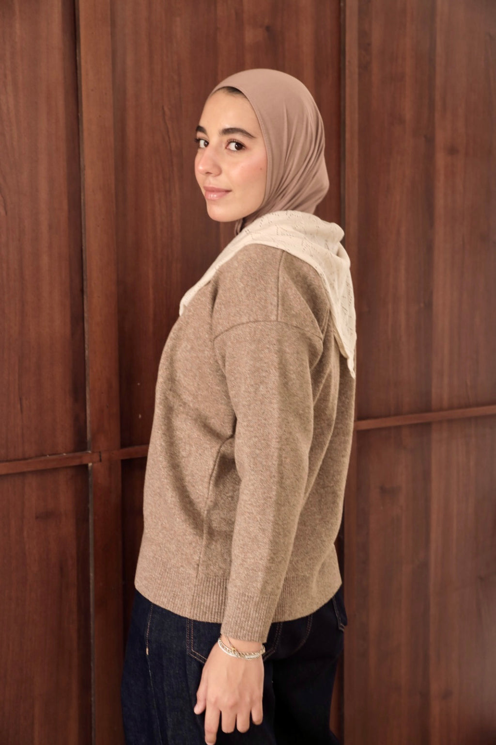 Oatmeal Beige Scarf Accent Knit Sweater