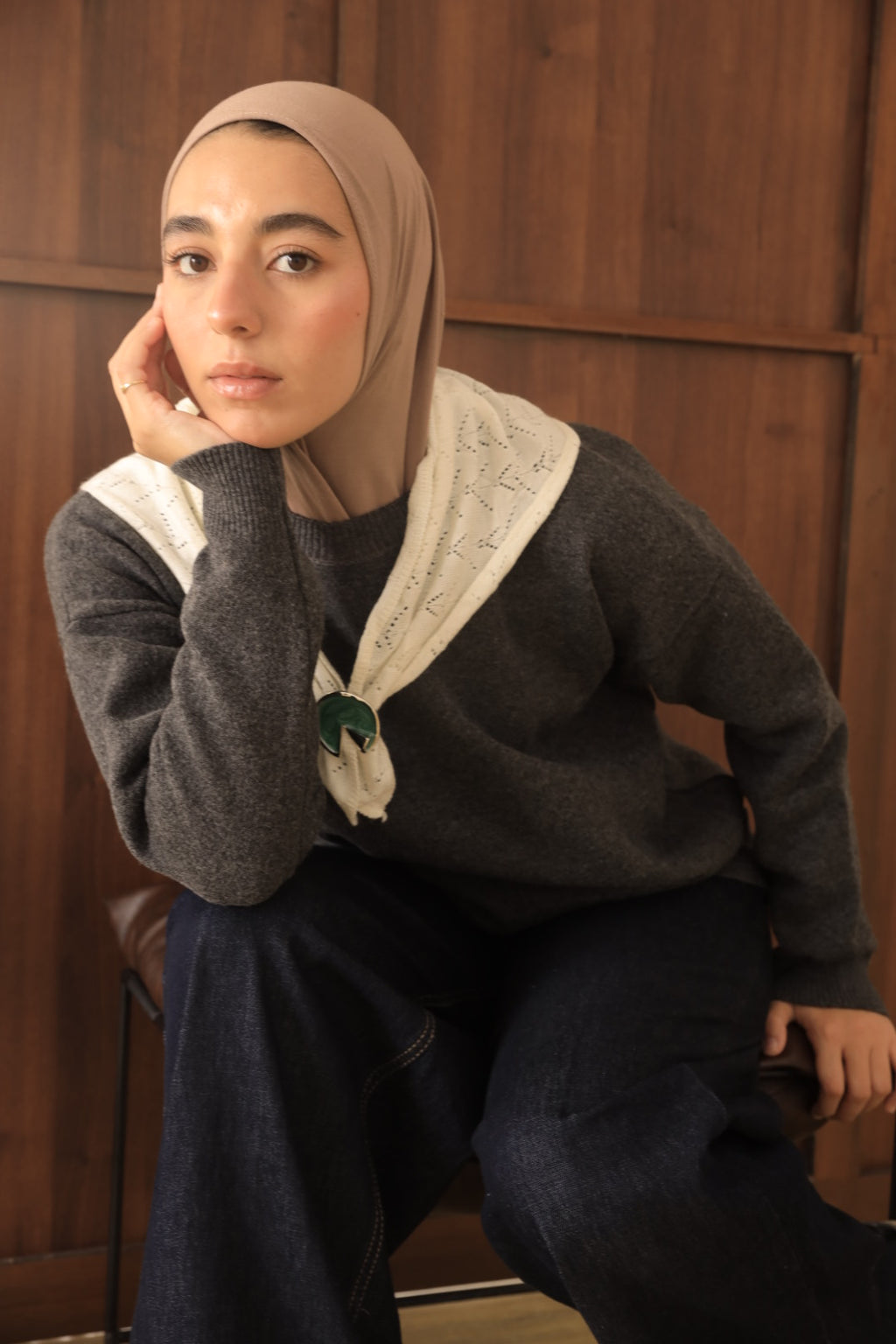Charcoal Scarf Accent Knit Sweater