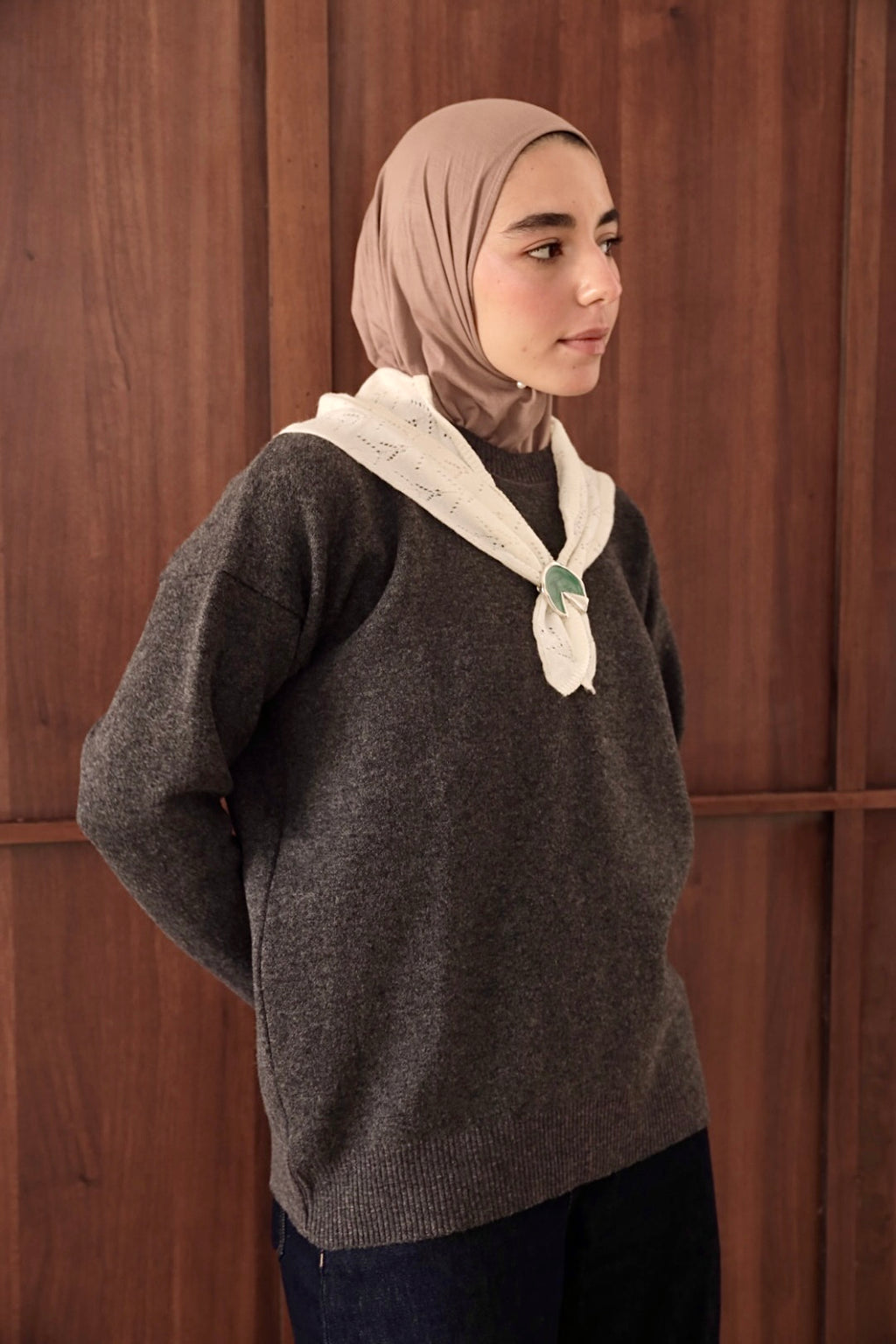 Charcoal Scarf Accent Knit Sweater