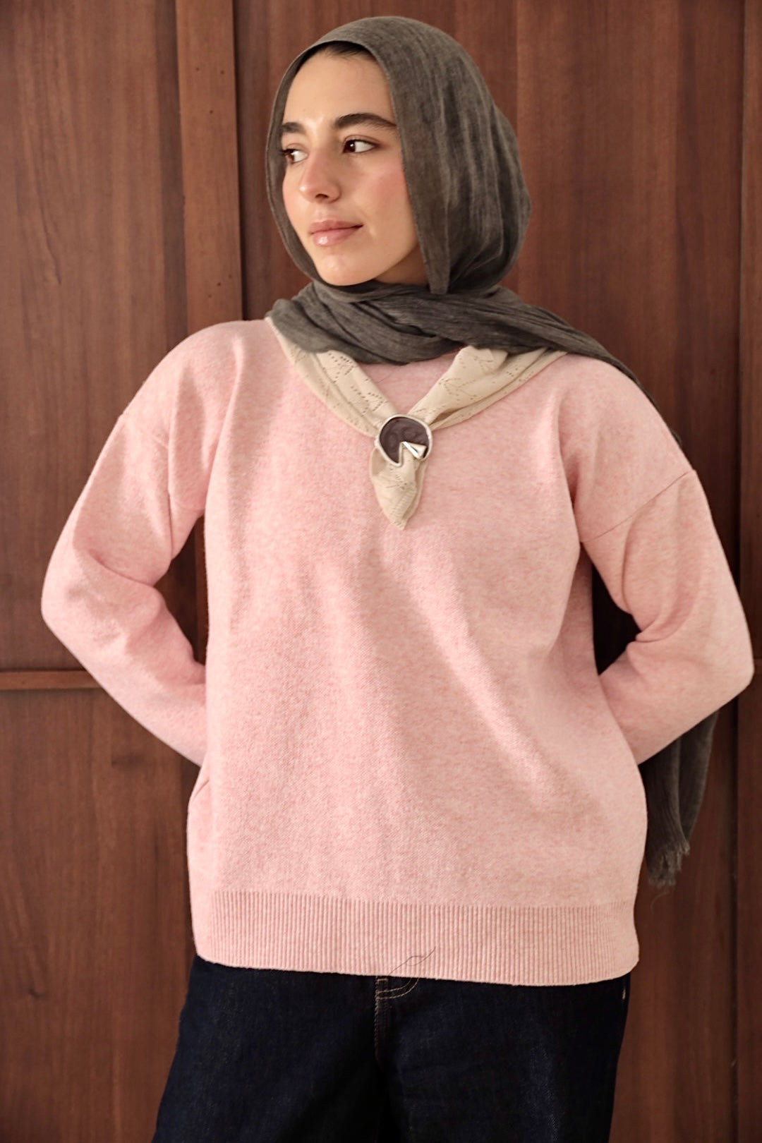 Soft Pink Scarf Accent Sweater