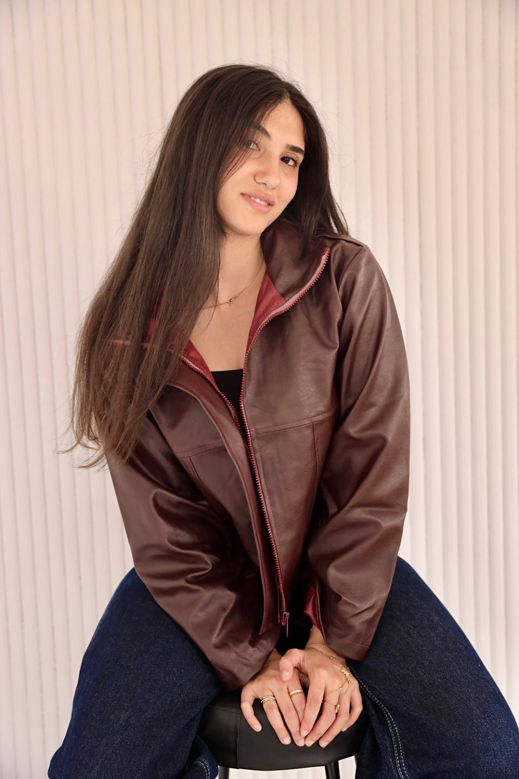 Burgundy Oversized Leather Jacket