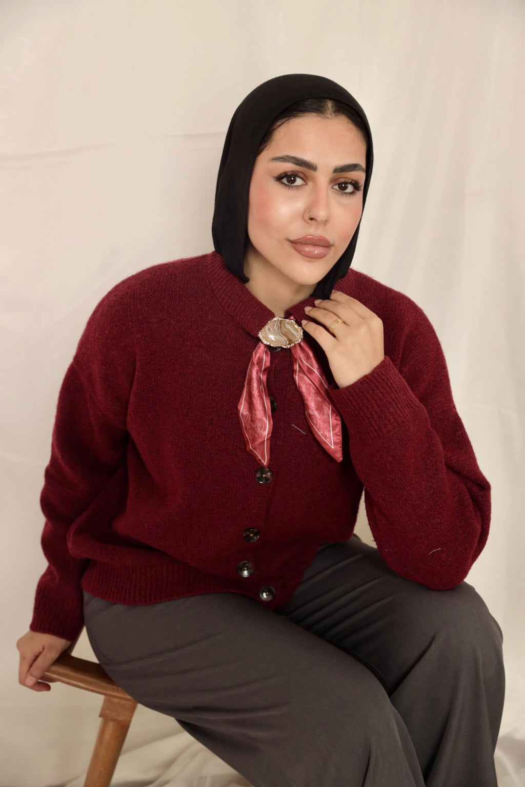 Burgundy Brooch Accent Cardigan