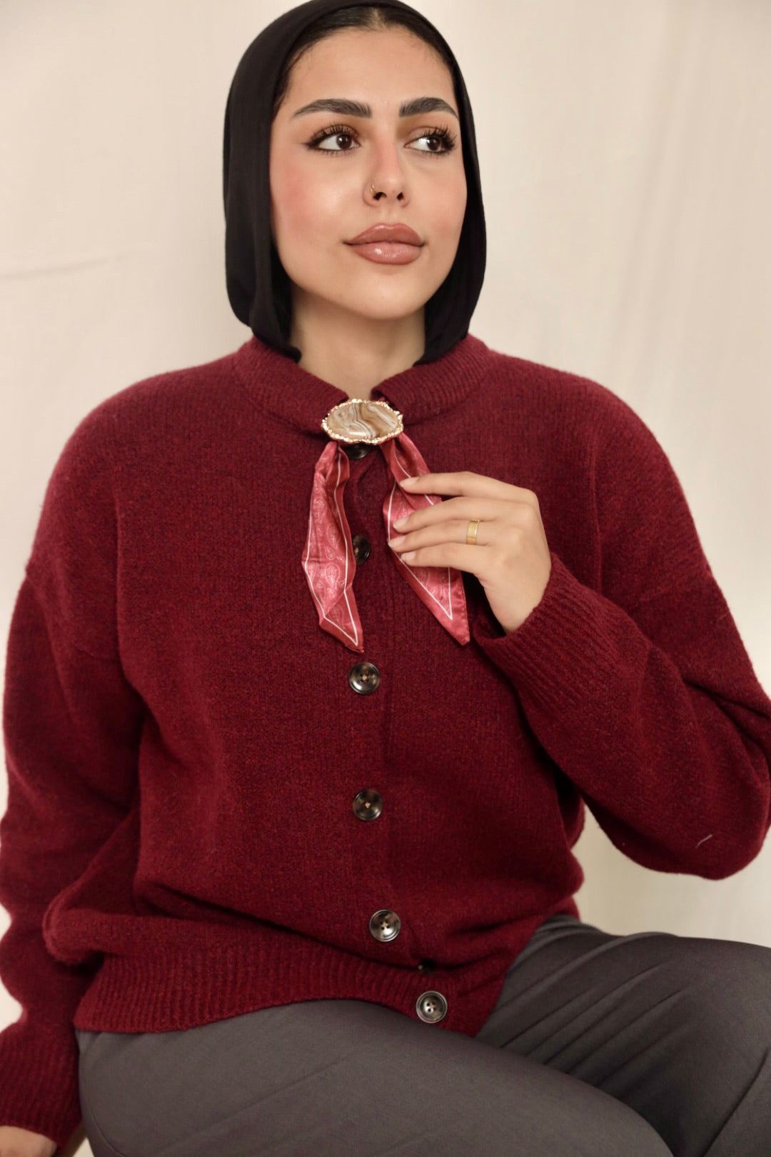 Burgundy Brooch Accent Cardigan