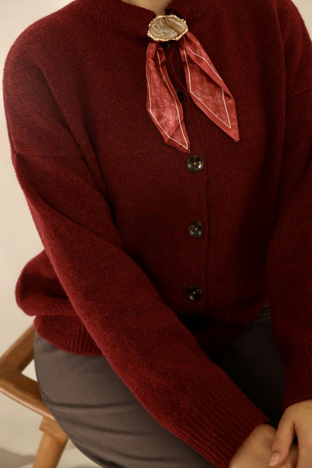 Burgundy Brooch Accent Cardigan