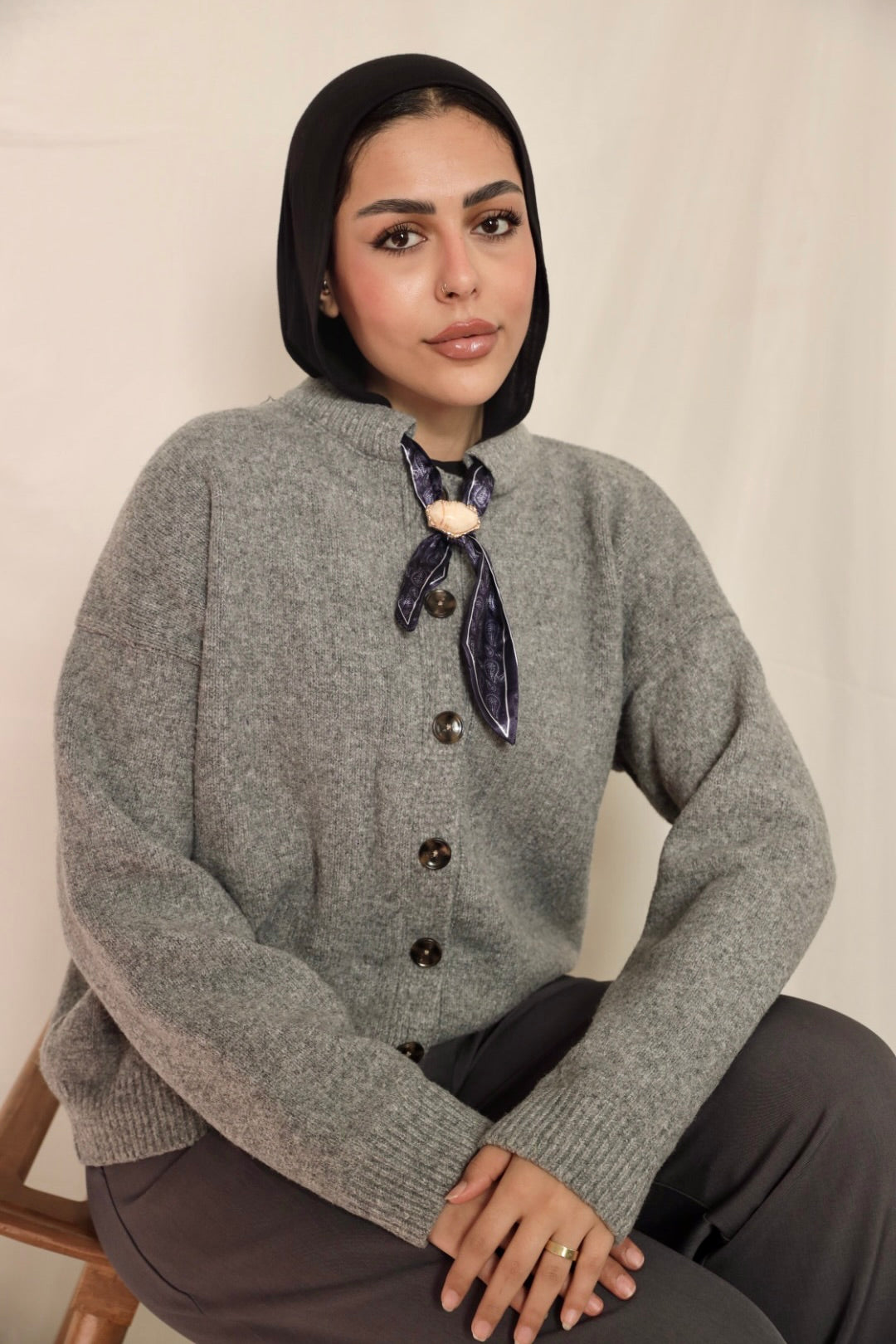 Grey Brooch Accent Cardigan