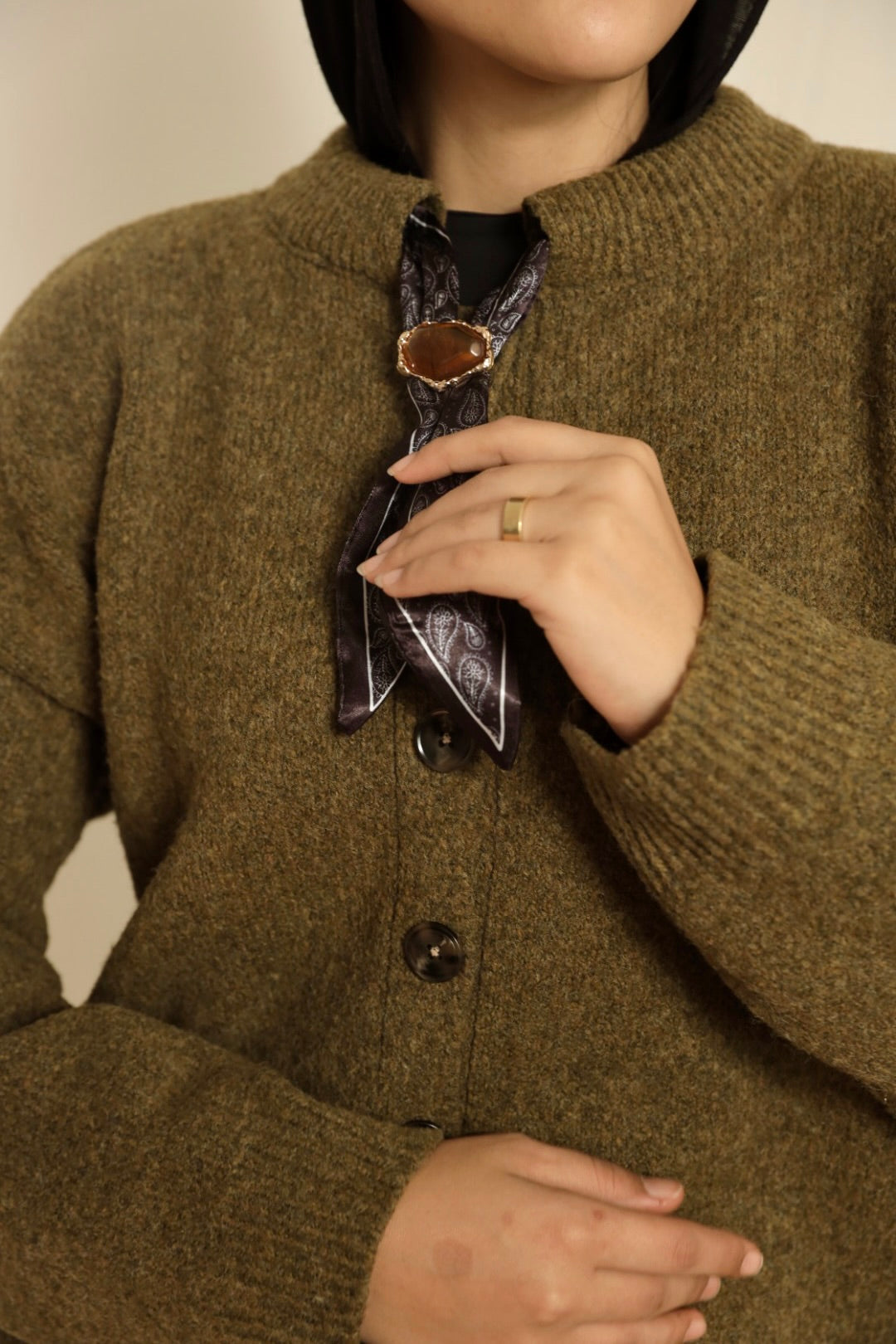 Camel Brooch Accent Cardigan