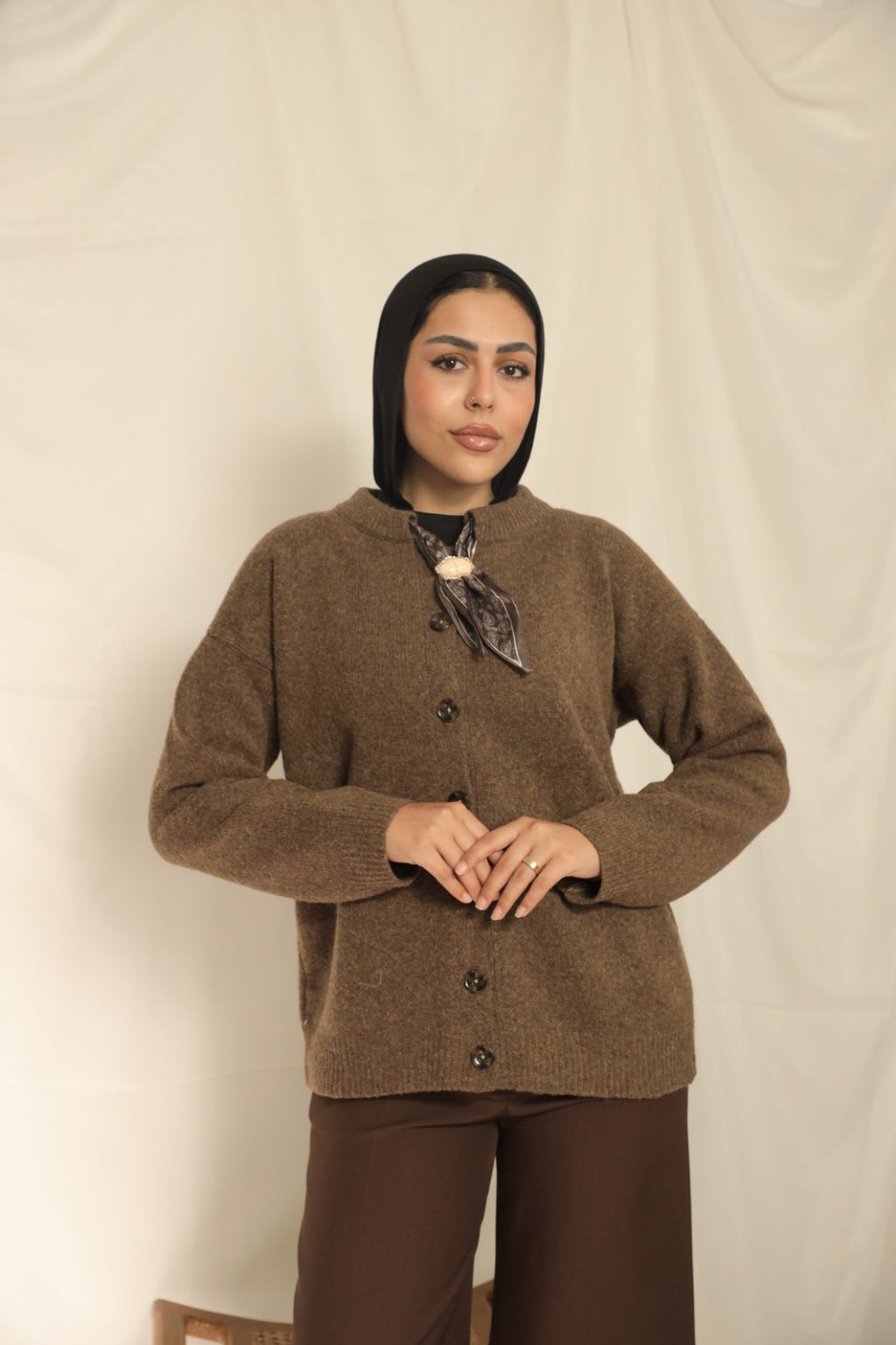 Camel Brooch Accent Cardigan
