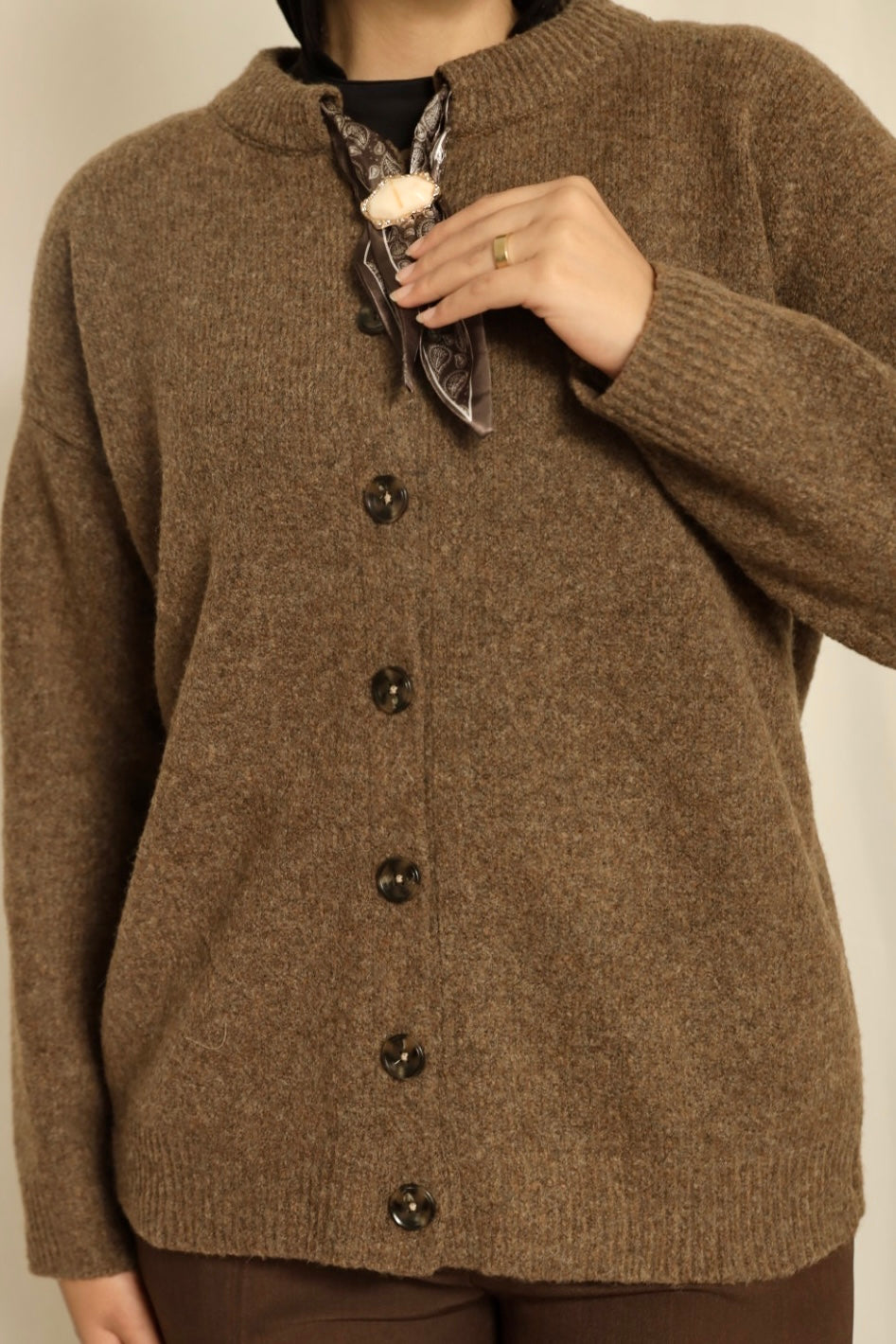 Camel Brooch Accent Cardigan