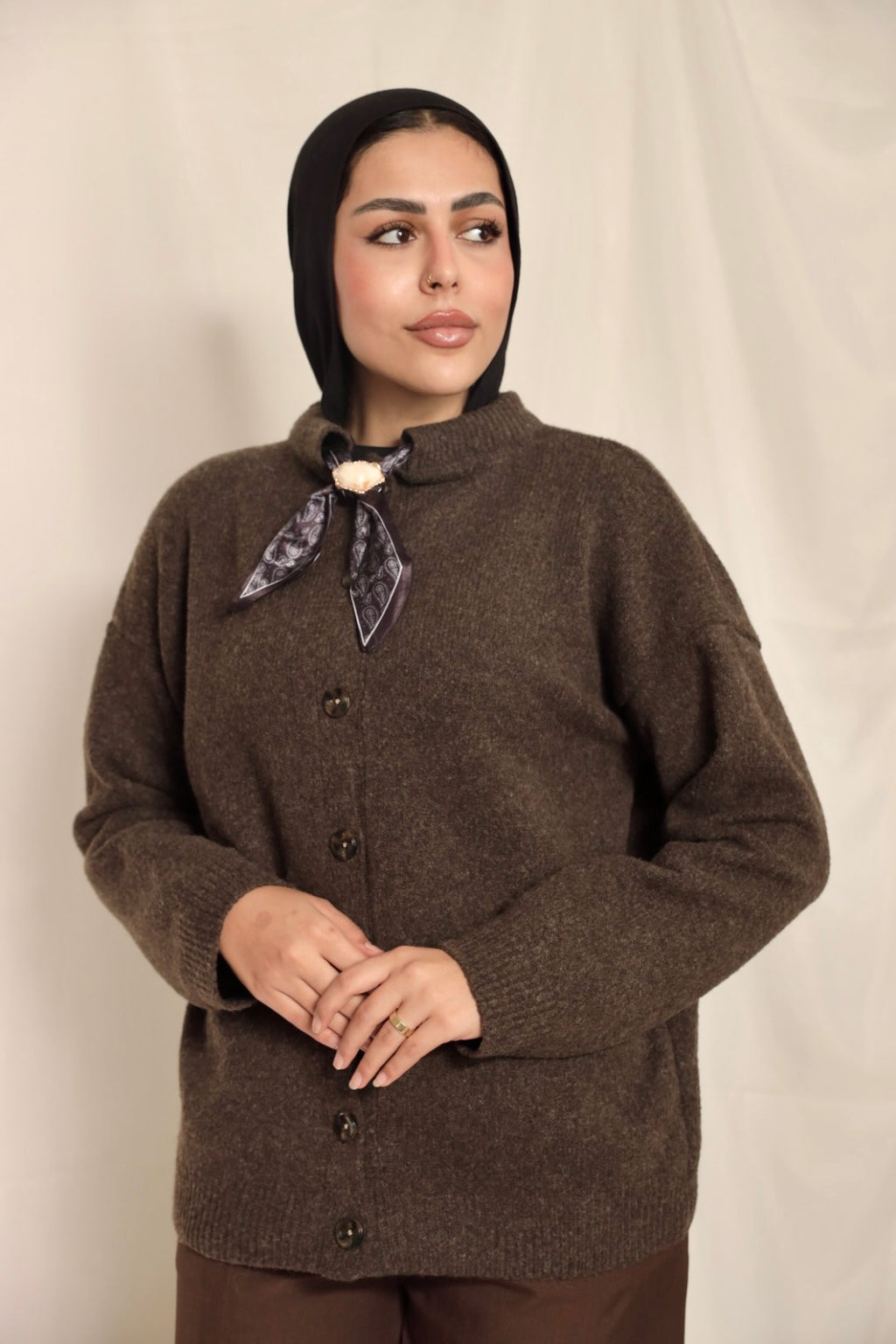 Dark Brown Brooch Accent Cardigan