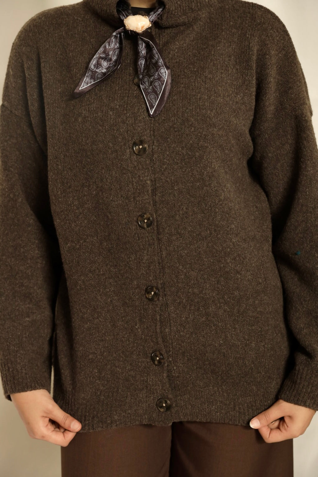 Dark Brown Brooch Accent Cardigan