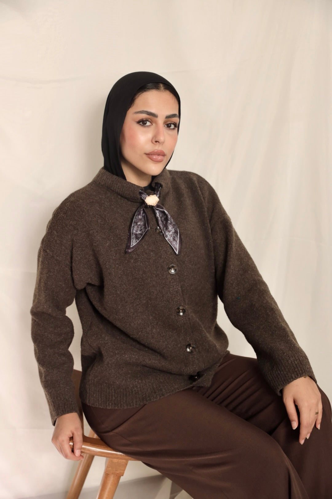 Dark Brown Brooch Accent Cardigan