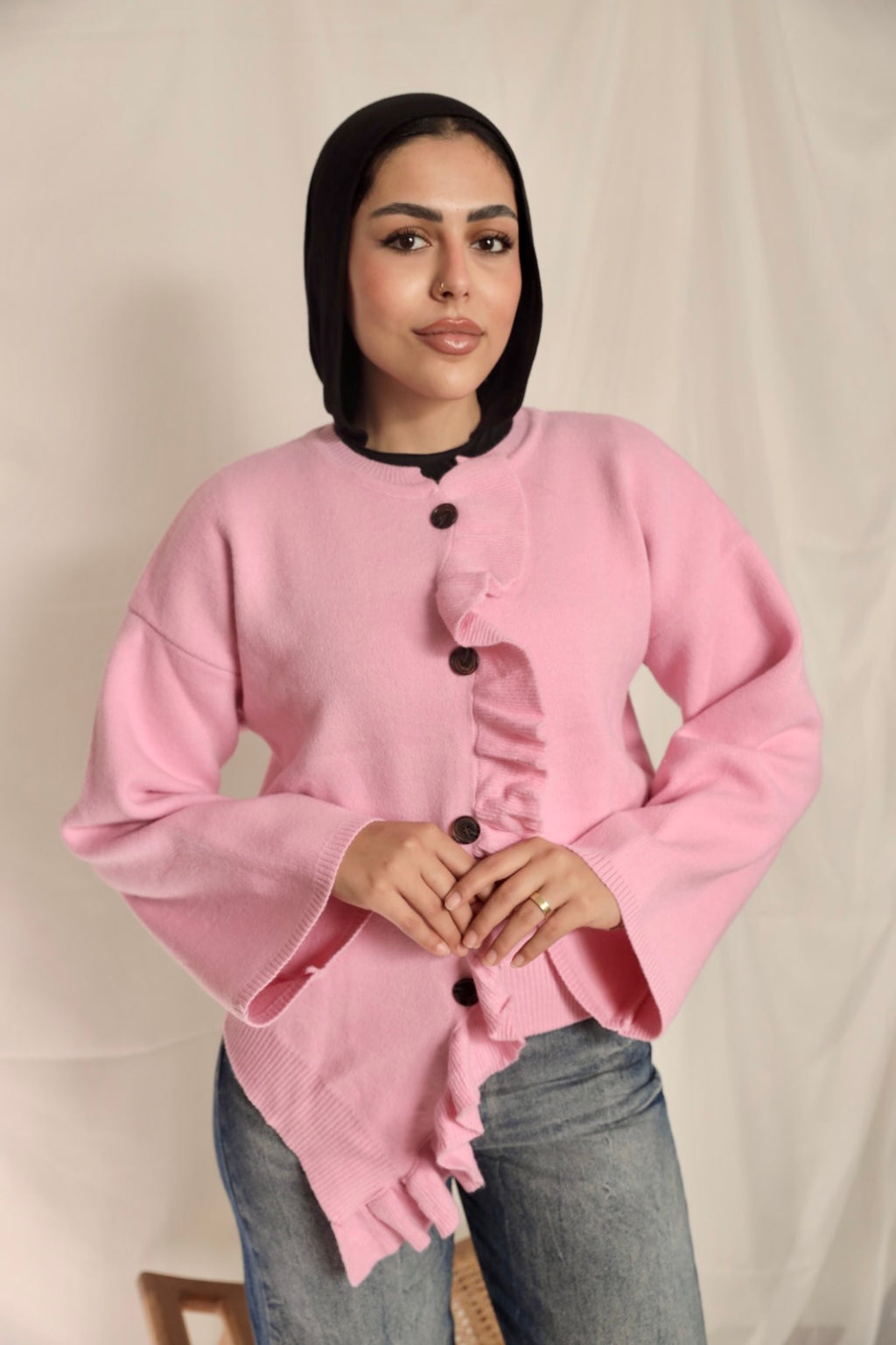 Soft Pink Ruffle Trim Cardigan