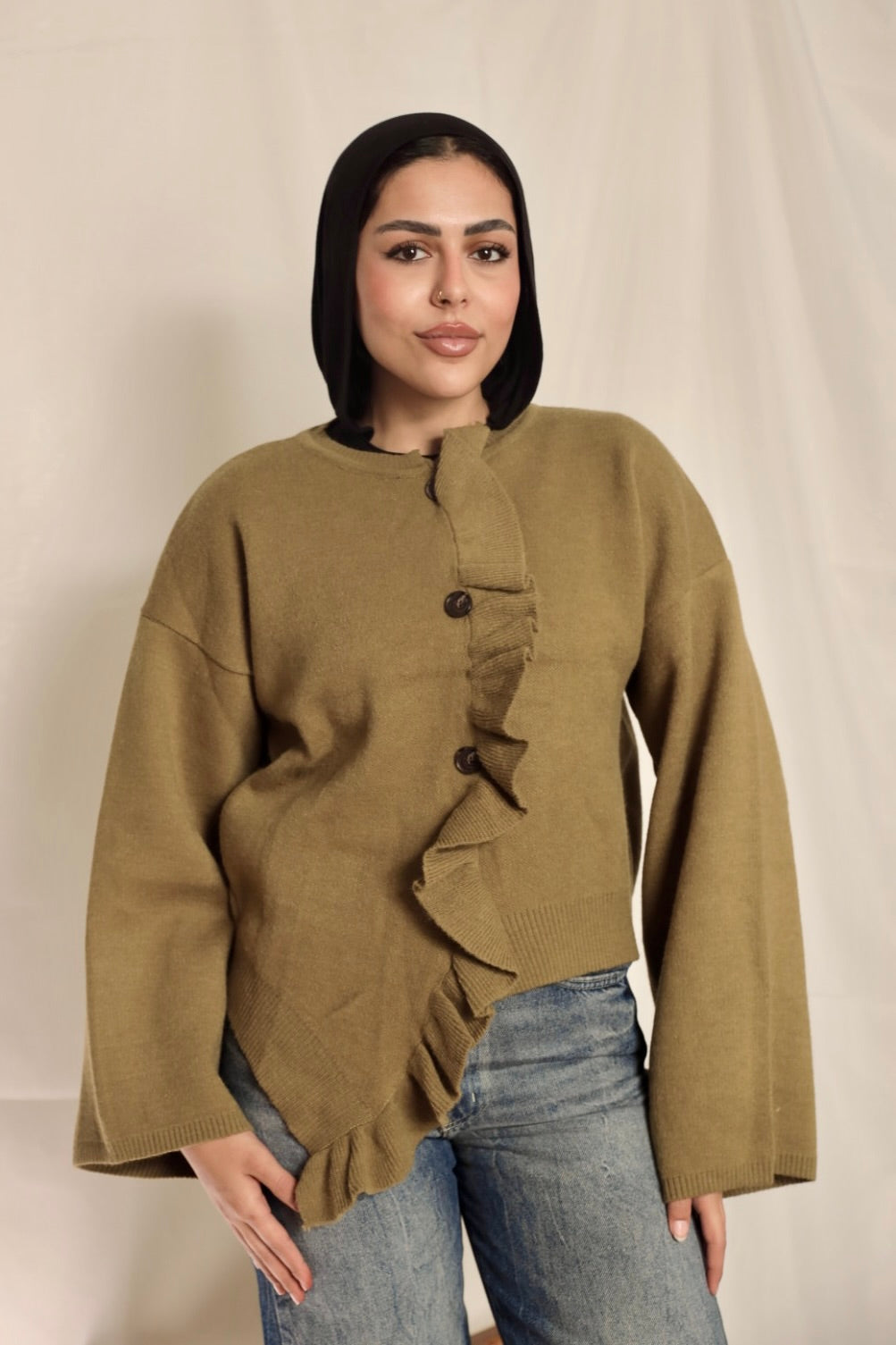 Olive Green Ruffle Trim Cardigan