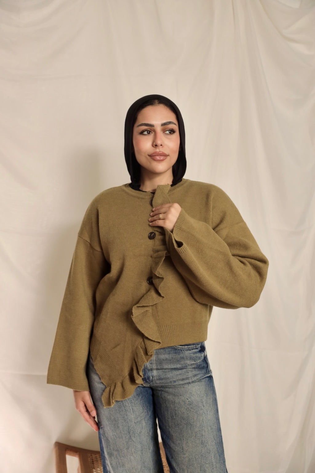 Olive Green Ruffle Trim Cardigan