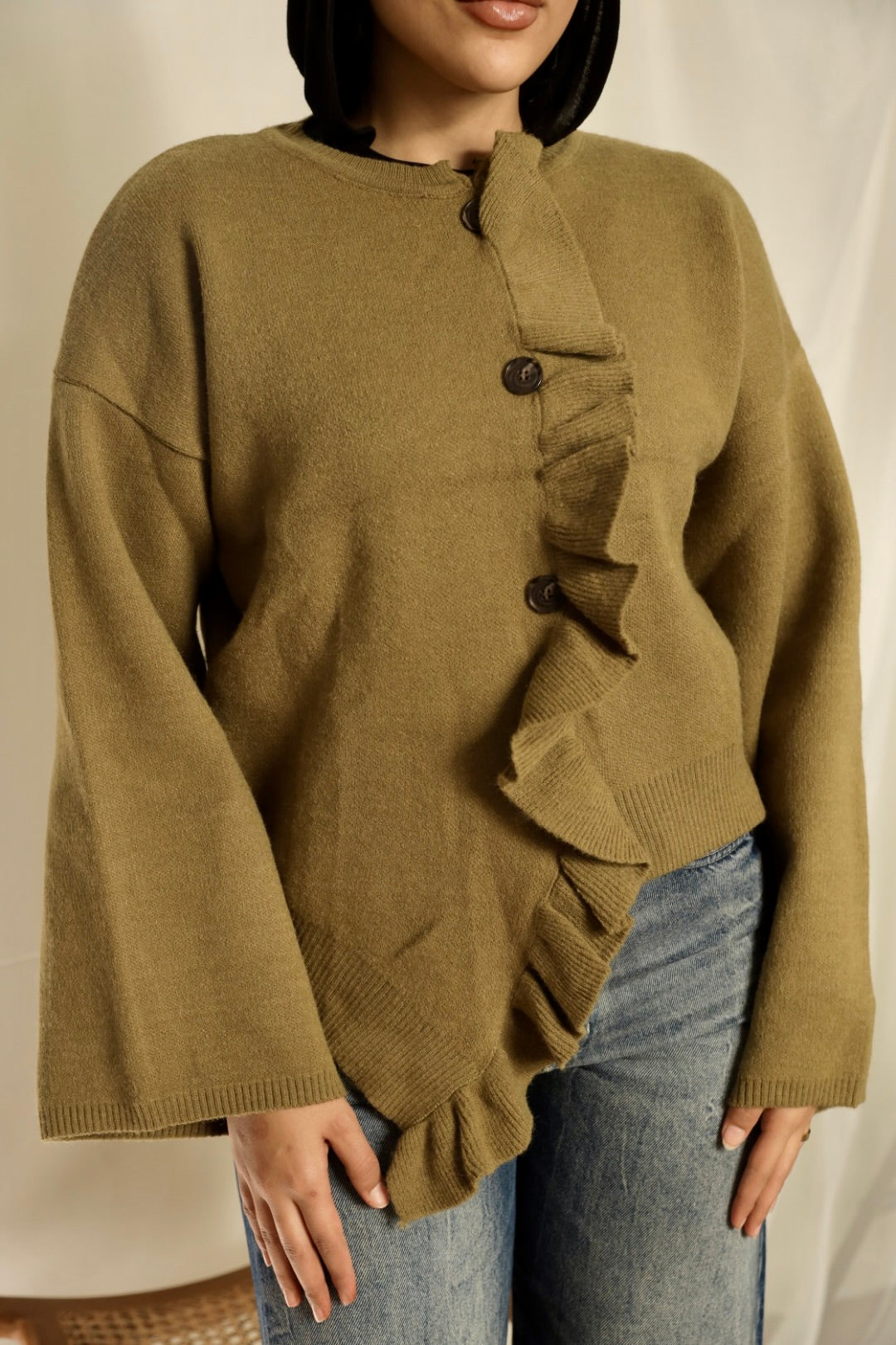 Olive Green Ruffle Trim Cardigan