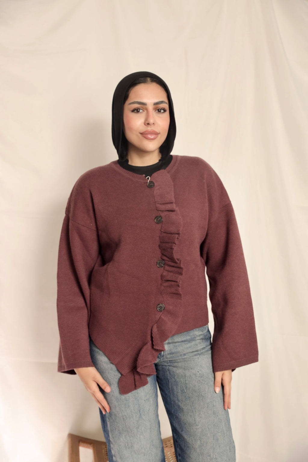 Burgundy Ruffle Trim Cardigan
