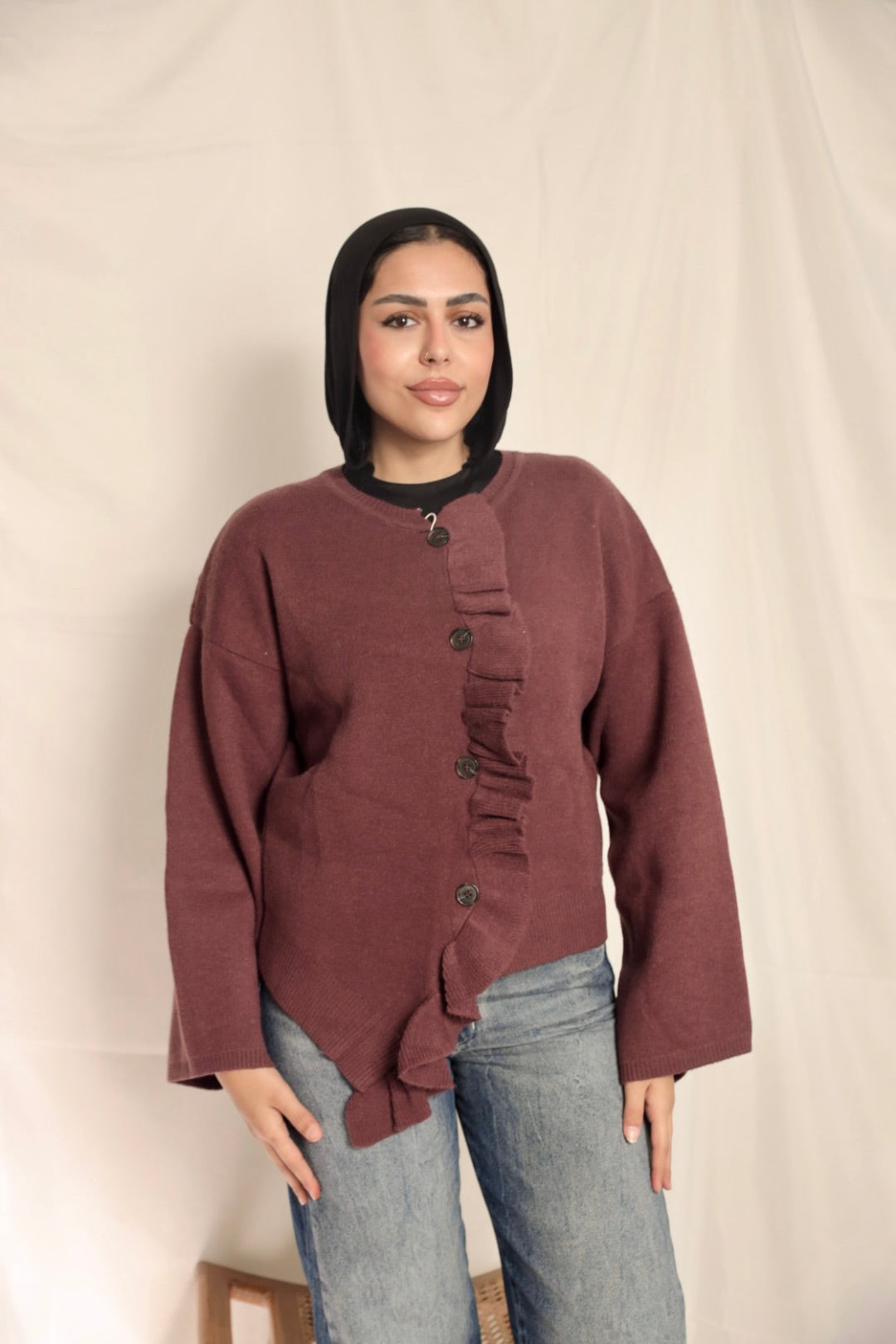 Burgundy Ruffle Trim Cardigan