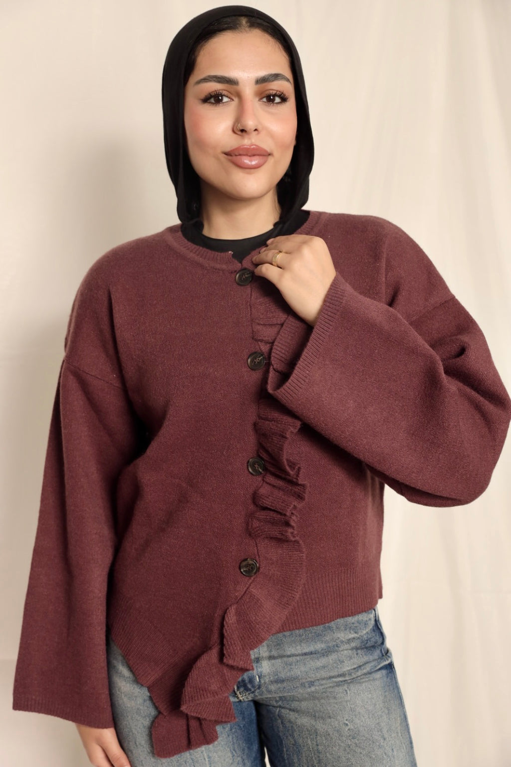 Burgundy Ruffle Trim Cardigan