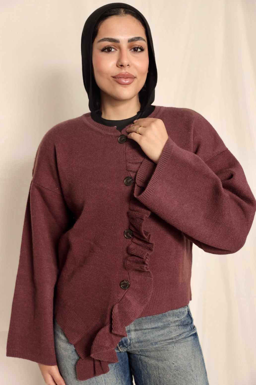 Burgundy Ruffle Trim Cardigan
