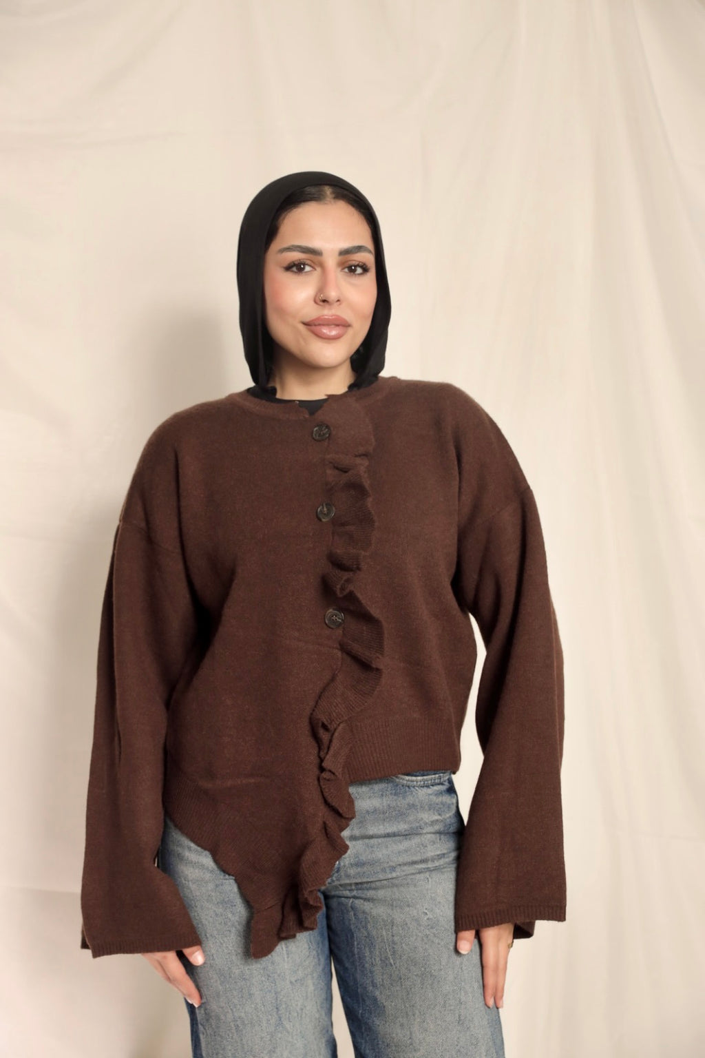 Dark Brown Ruffle Trim Cardigan