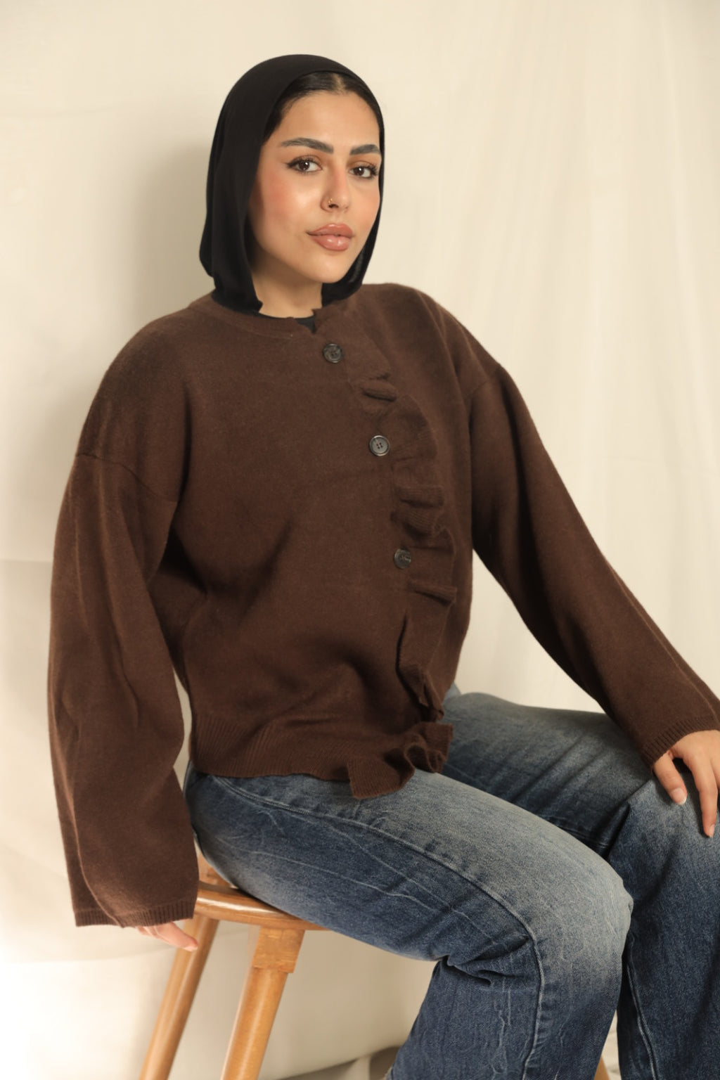 Dark Brown Ruffle Trim Cardigan