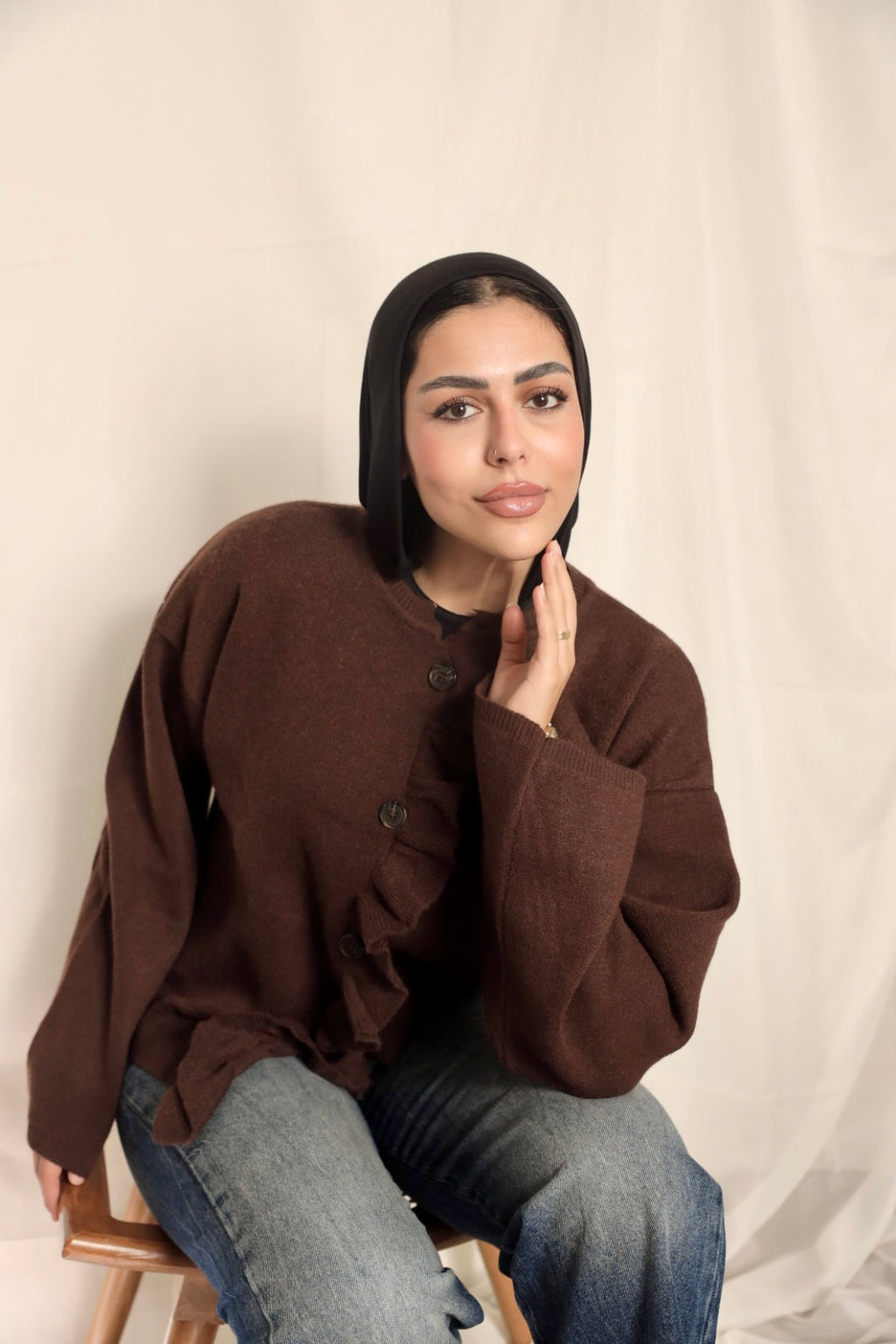Dark Brown Ruffle Trim Cardigan