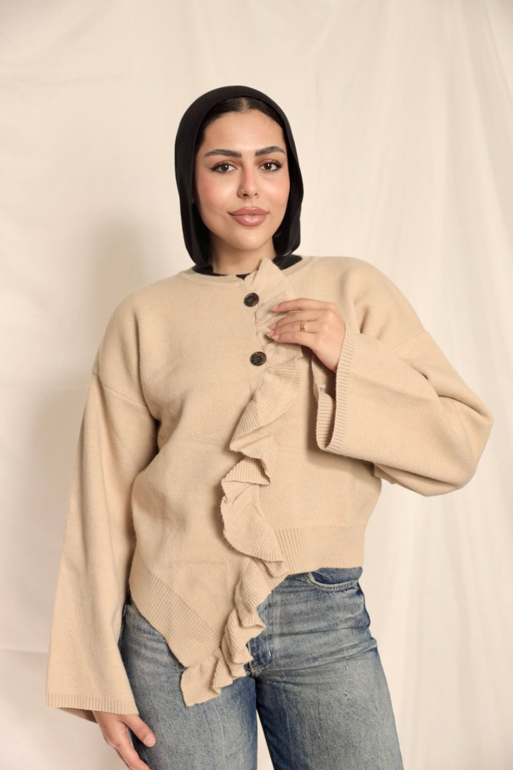 Beige Ruffle Trim Cardigan