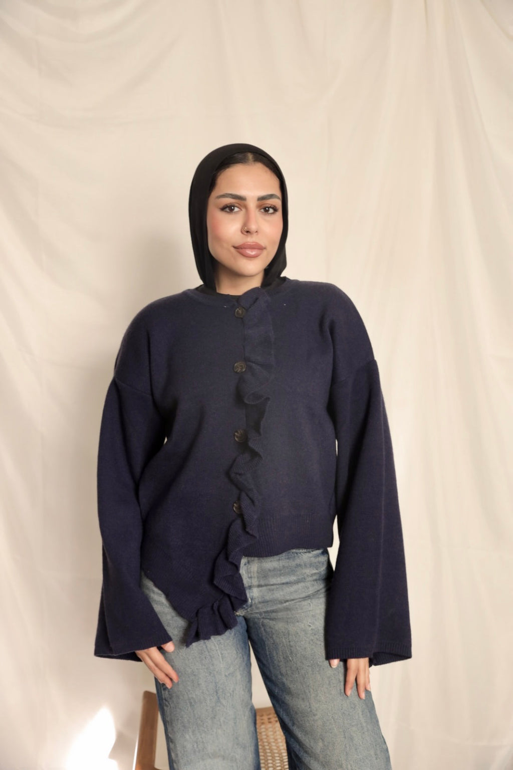 Navy Blue Ruffle Trim Cardigan