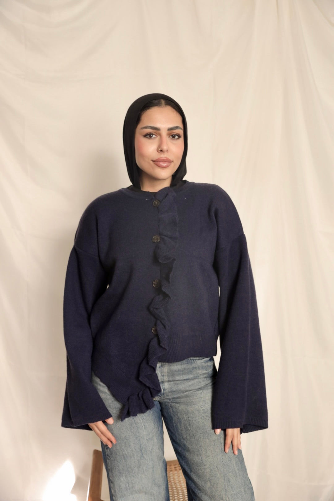 Navy Blue Ruffle Trim Cardigan